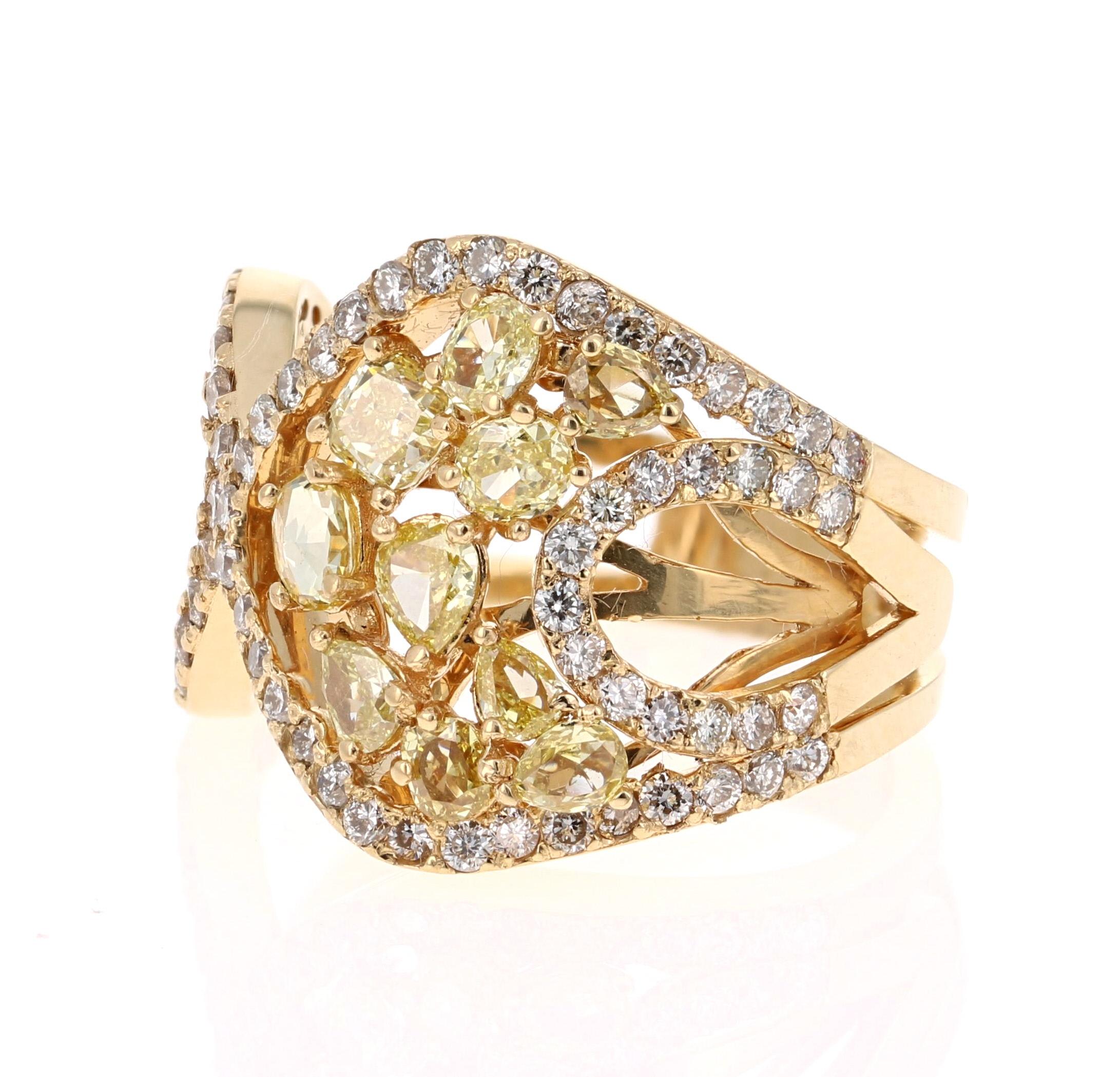 Contemporary 1.91 Carat Fancy Yellow Diamond Cocktail Ring 18 Karat Yellow Gold For Sale