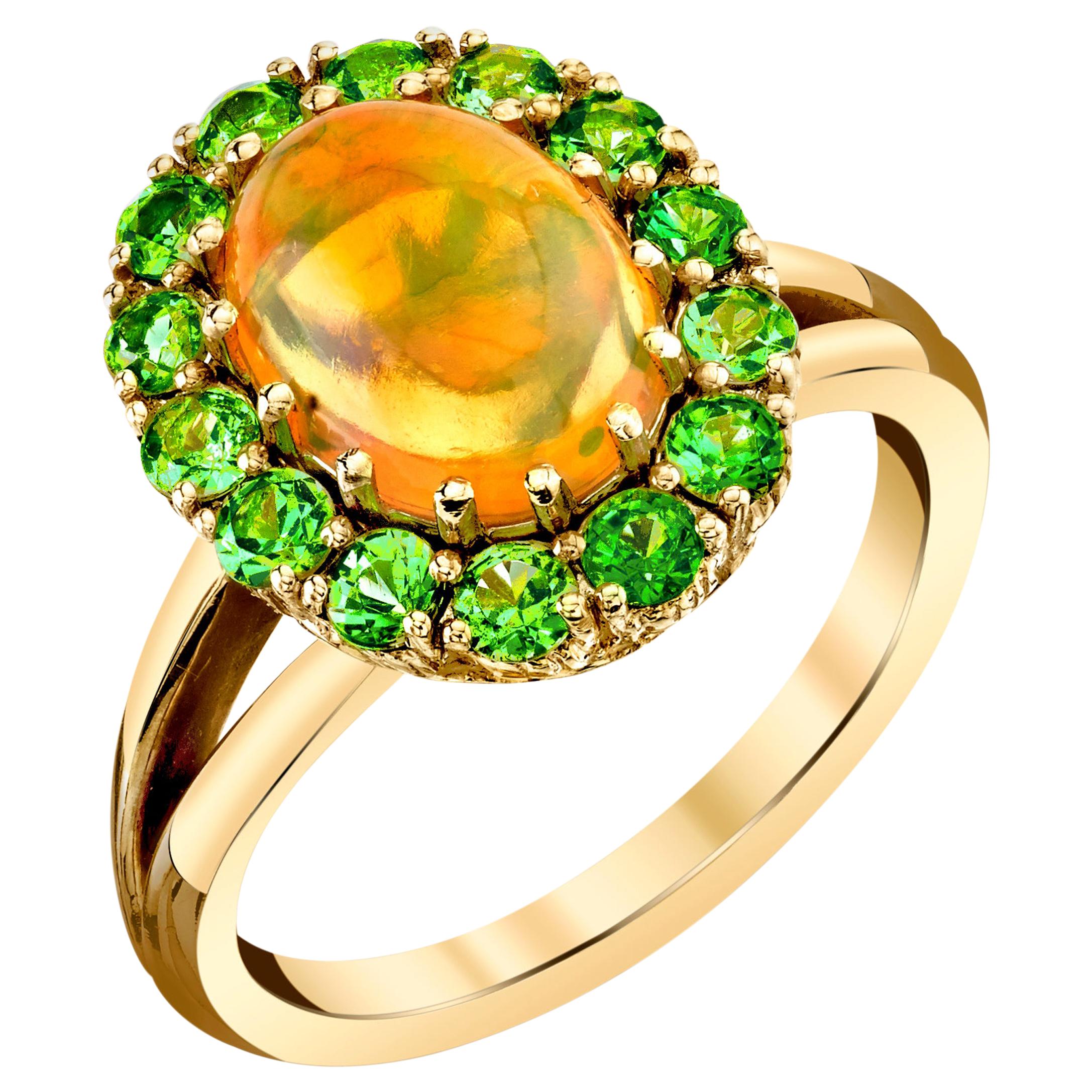 1.91 Carat Golden Opal and Tsavorite Garnet Cocktail Ring in Yellow Gold For Sale