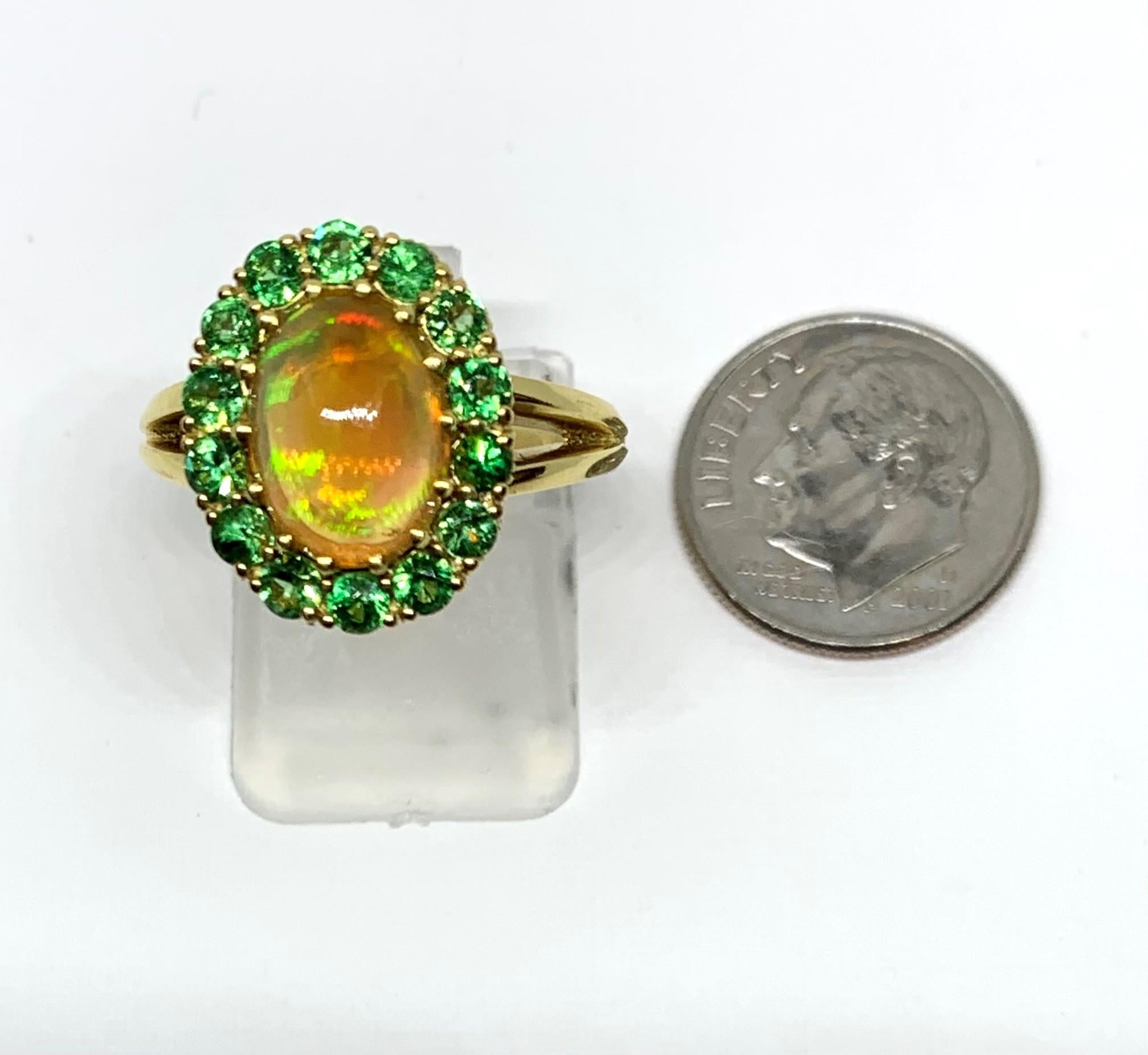 Women's or Men's 1.91 Carat Golden Opal and Tsavorite Garnet Cocktail Ring in Yellow Gold For Sale