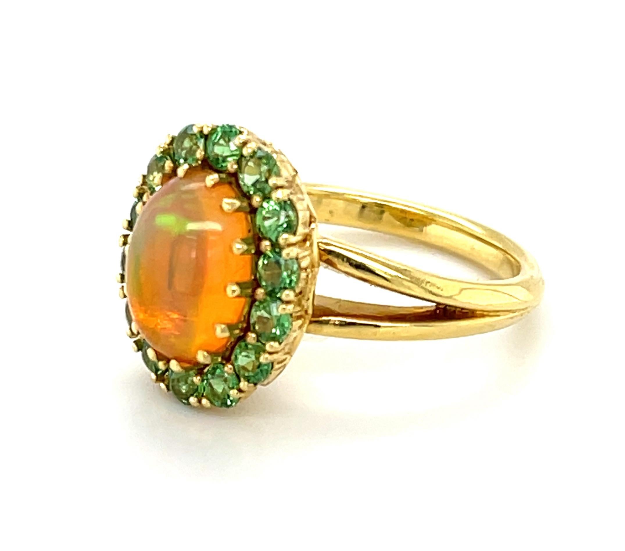1.91 Carat Golden Opal and Tsavorite Garnet Cocktail Ring in Yellow Gold In New Condition For Sale In Los Angeles, CA