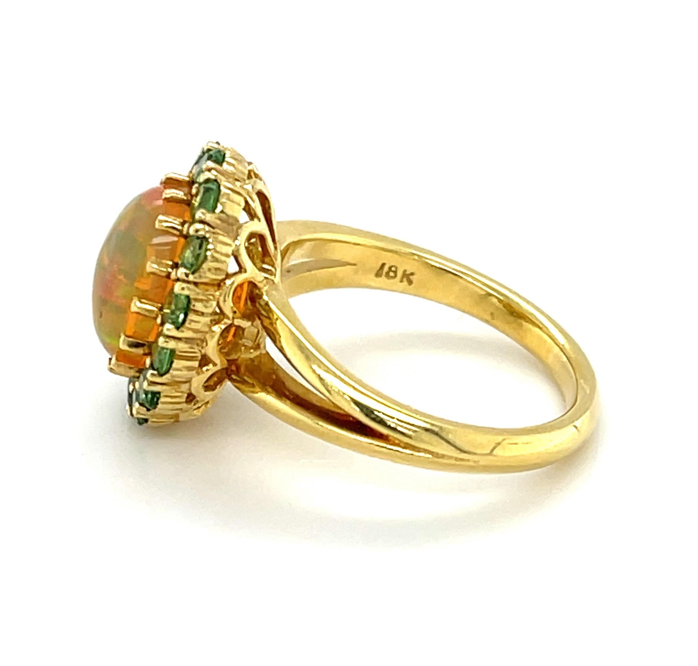 Cabochon 1.91 Carat Golden Opal and Tsavorite Garnet Cocktail Ring in Yellow Gold For Sale