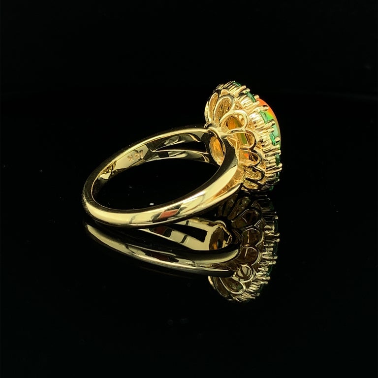 1.91 Carat Golden Opal & Tsavorite Garnet, Yellow Gold Cluster Cocktail Ring For Sale 5