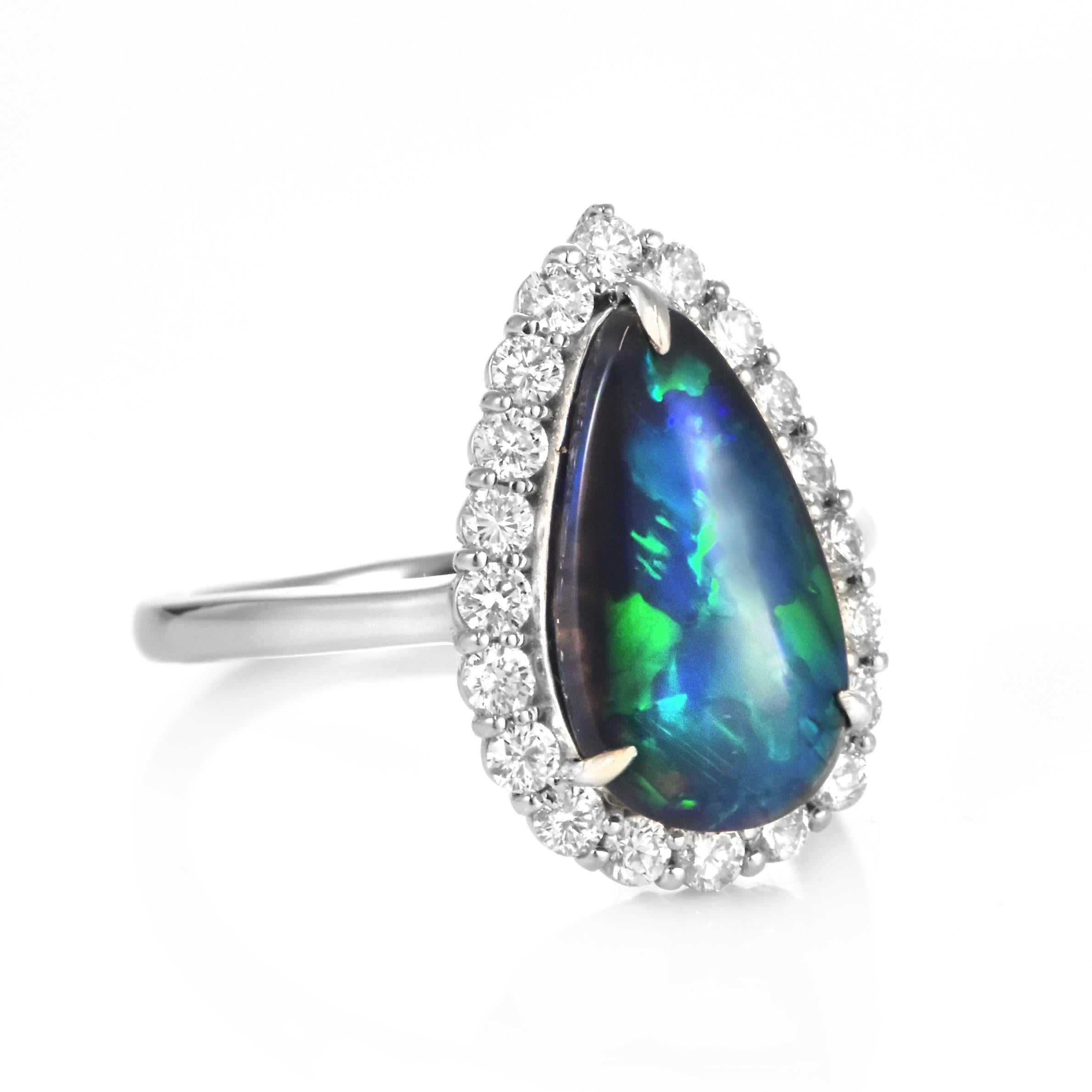 Cabochon 1.91 Carat Natural Australian Black Opal and Diamond Ring Made in Platinum For Sale
