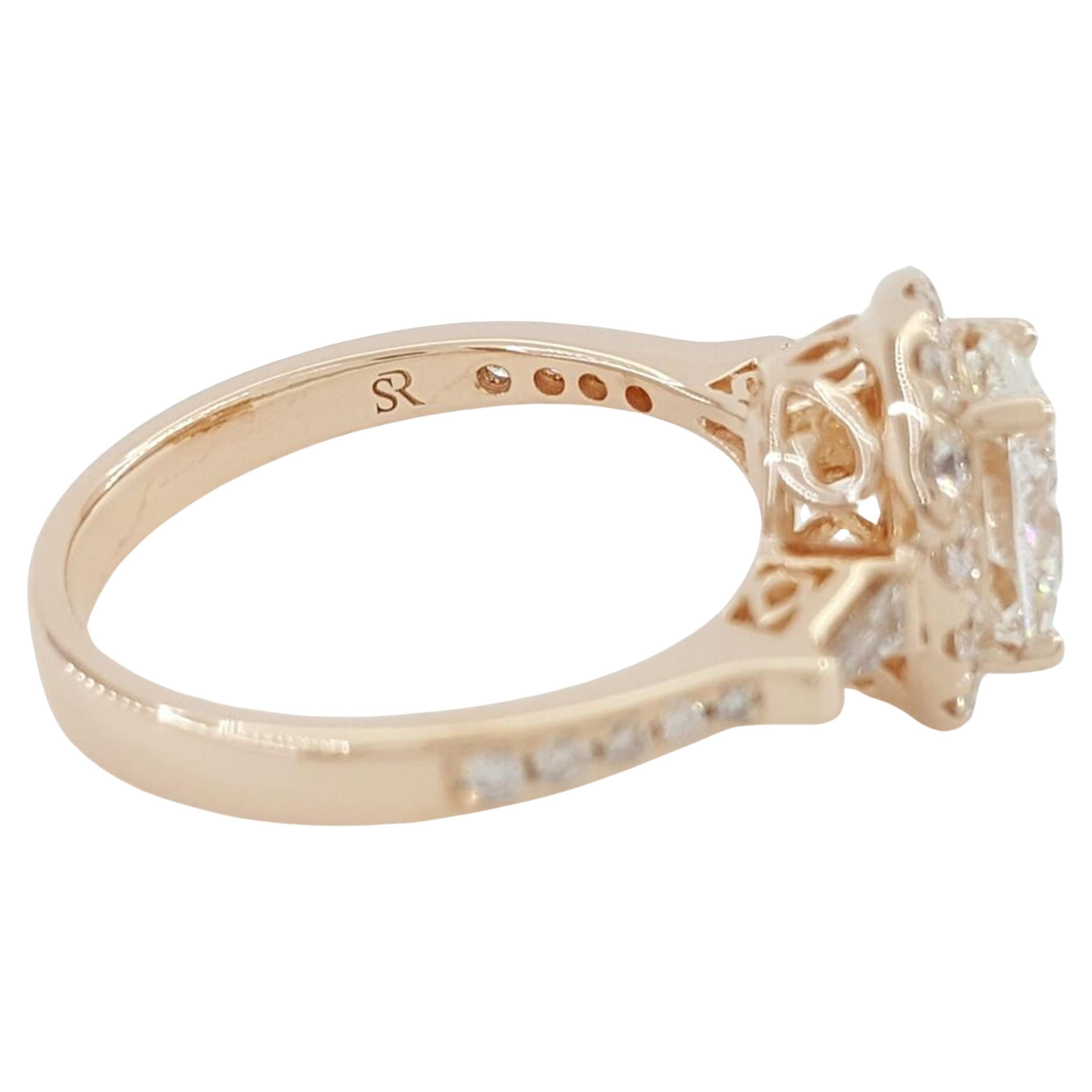  1.91 ct 14K Rose Gold Oval Brilliant Cut Diamond Halo Engagement Ring. 



The ring weighs 4.5 grams, size 7, the center stone is a Natural Oval Brilliant Cut diamond weighing 1.21 ct, F in color, SI1 in clarity. The center diamond has a GOOD