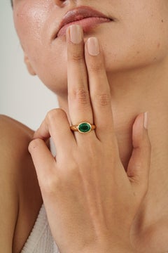 1.91 Carat Oval Natural Green Emerald Bezel Set Signet Ring in 18K Yellow Gold