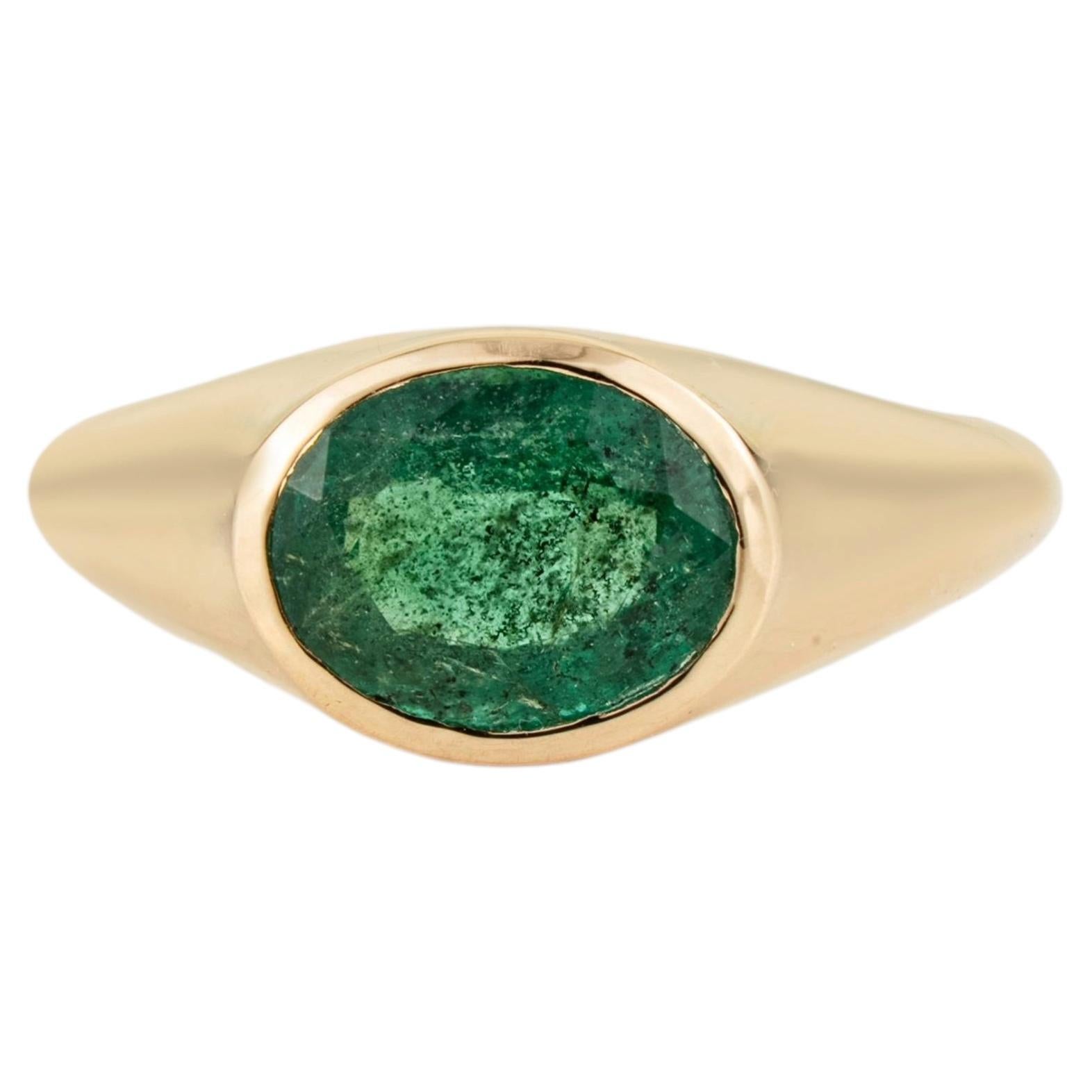 1.91 Carat Oval Natural Green Emerald Bezel Set Signet Ring in 18K Yellow Gold