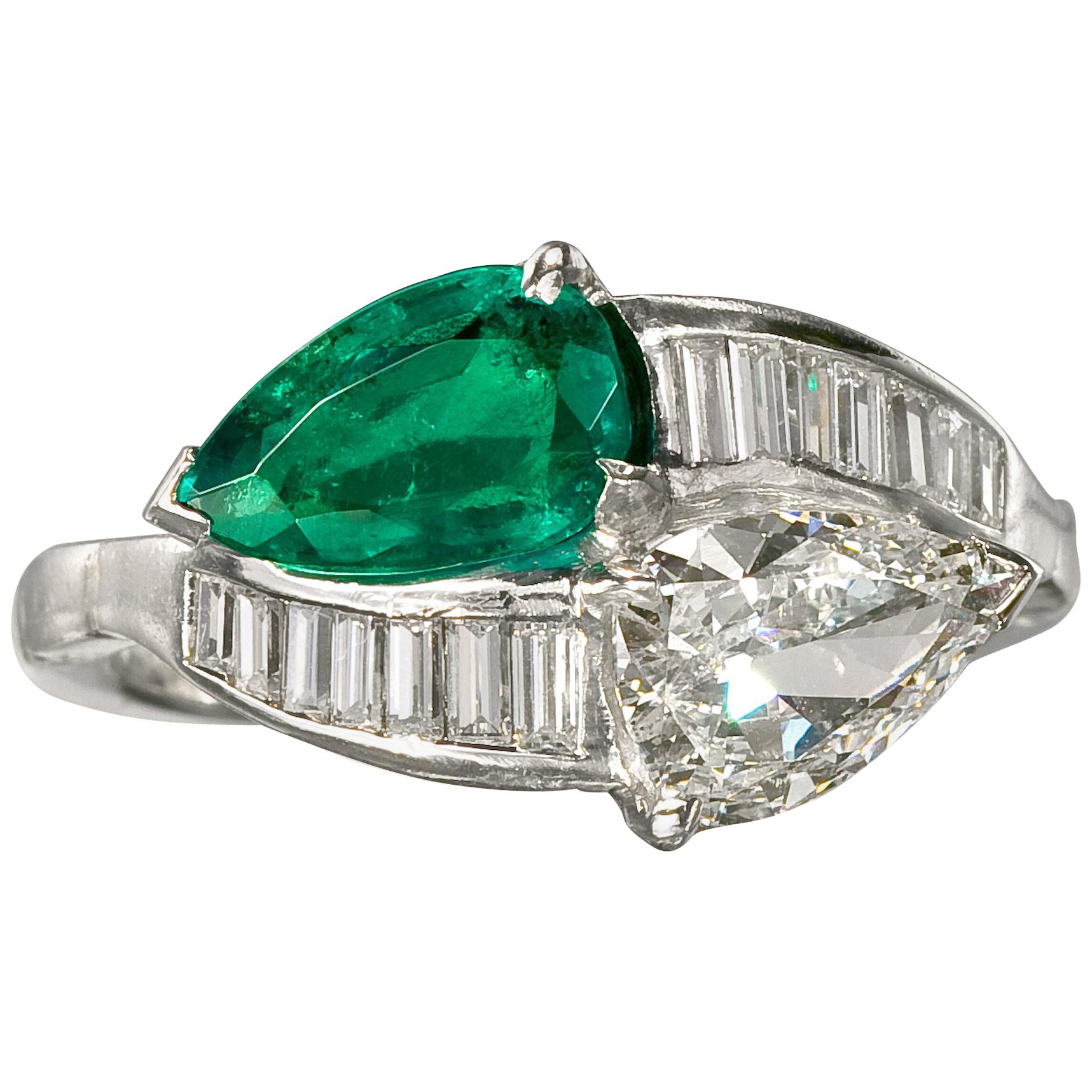 1.91 Carat Pear Shape Emerald and Diamond Bypass Platinum Ring GIA For Sale