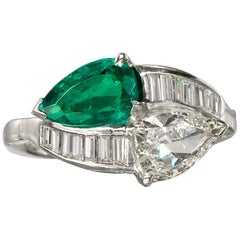 1.91 Carat Pear Shape Emerald and Diamond Bypass Platinum Ring GIA