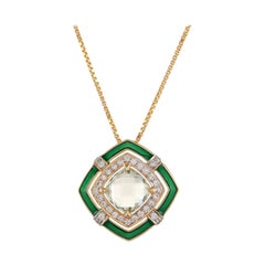 1.91 Carat Pressiolite Cushion Briollete Diamond Enamel Pendant Necklace