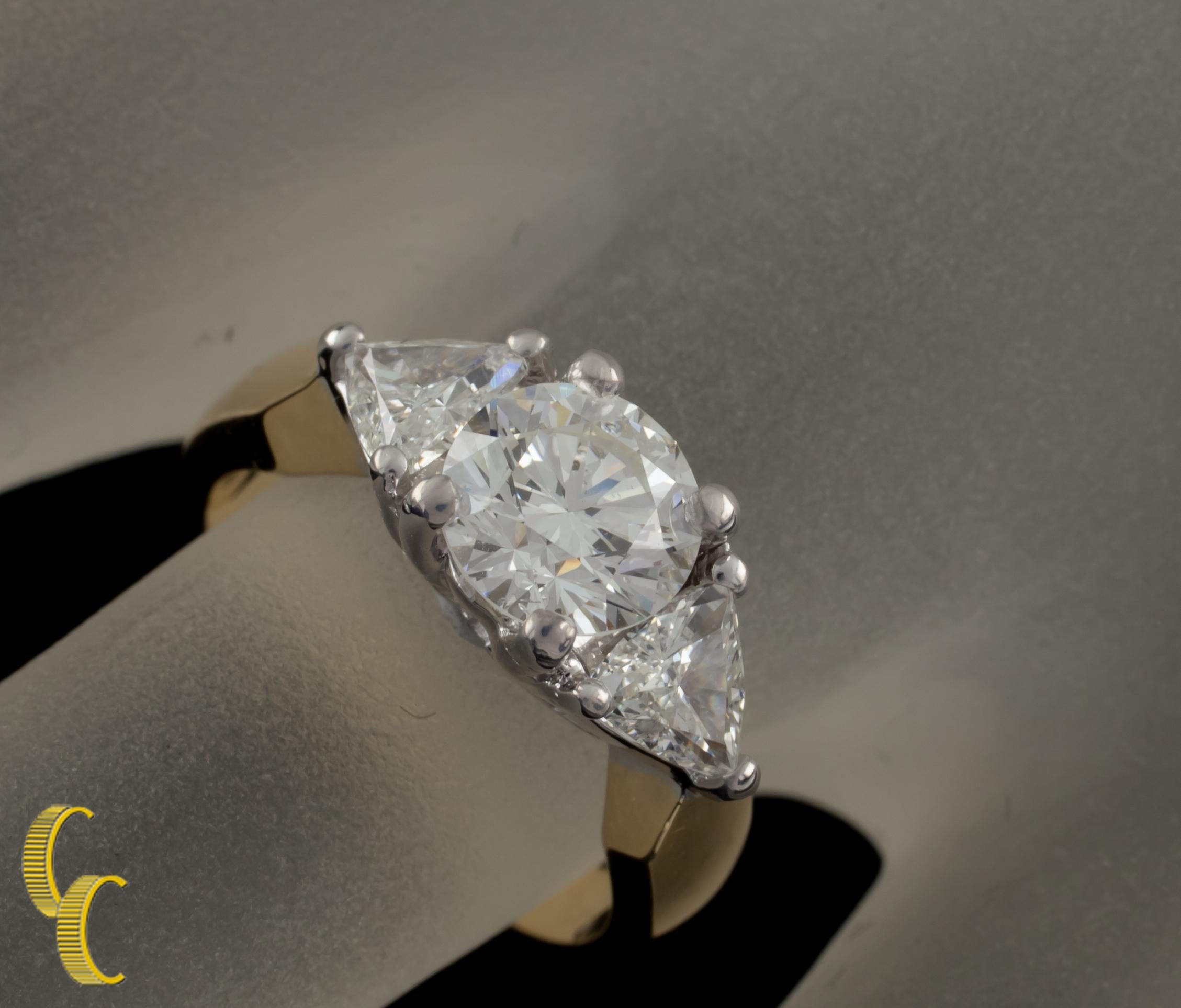 Round Cut 1.91 Carat Round Diamond 3-Stone 18 Karat White and Yellow Gold Engagement Ring For Sale