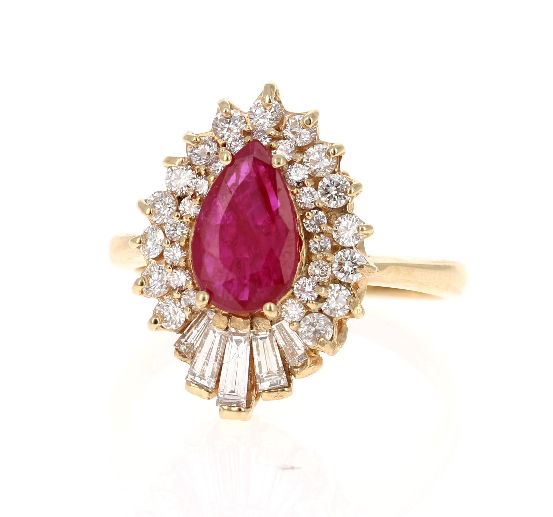 This ring is truly a beauty! 
There is a Pear Cut Ruby set in the center of the ring that weighs 1.01 Carats.  There are also 32 Round Cut Diamonds that weigh 0.60 Carats and 5 Baguette Cut Diamonds that weigh 0.30 Carats.  (Clarity: VS2, Color: F) 