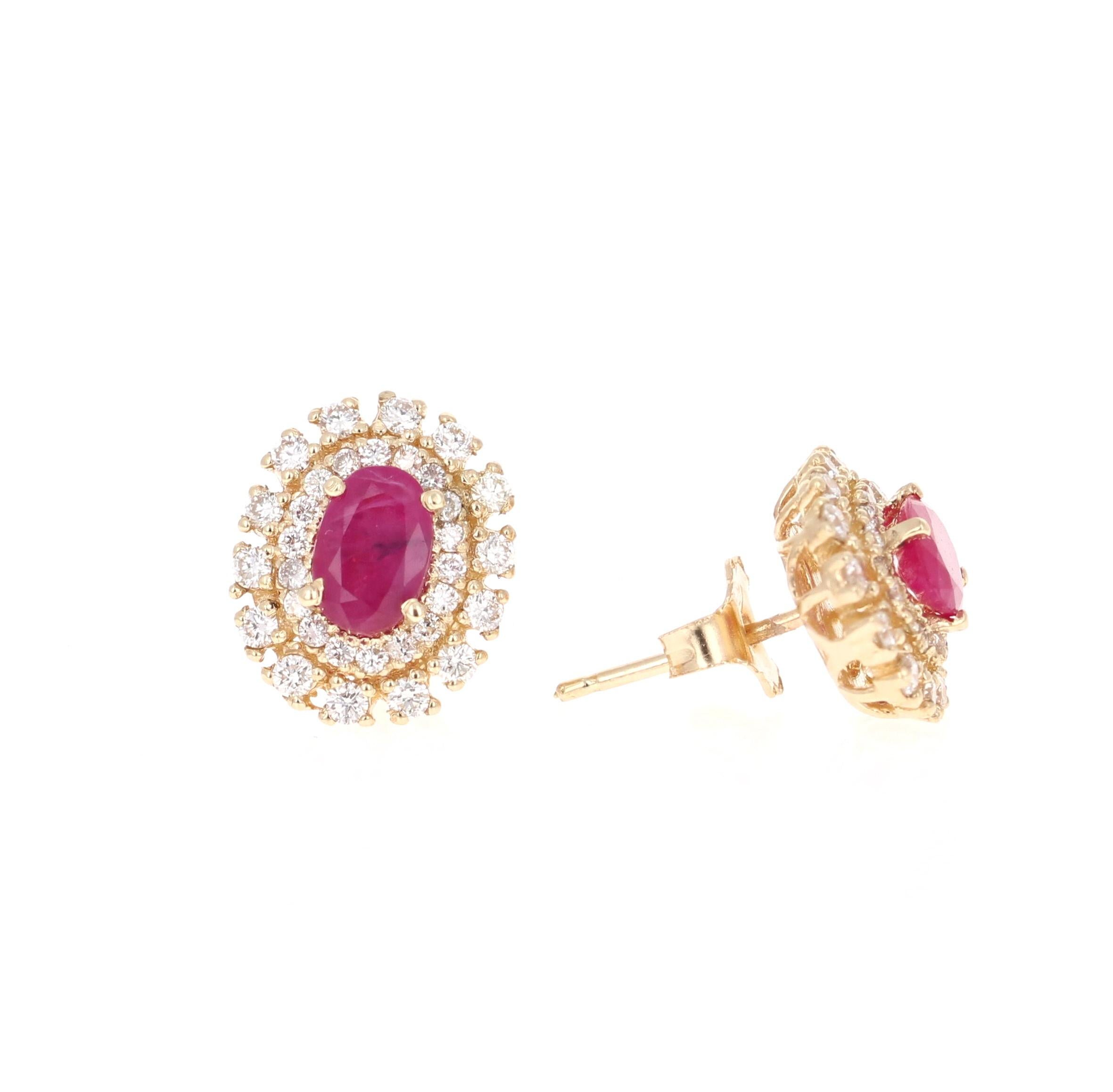 Victorian 1.91 Carat Ruby Diamond 14 Karat Yellow Gold Earring Studs