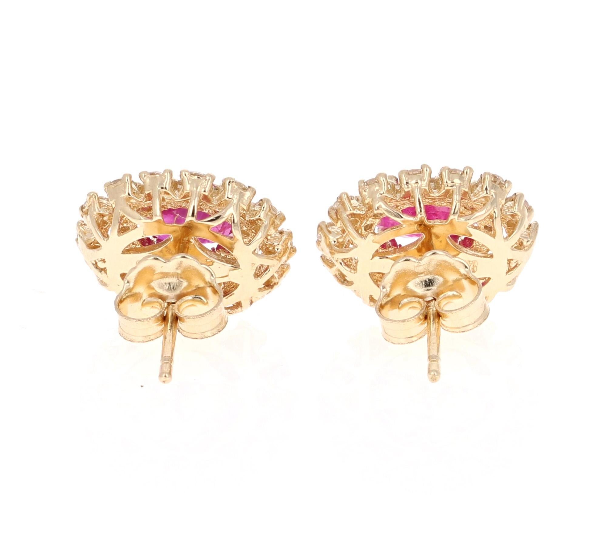 Oval Cut 1.91 Carat Ruby Diamond 14 Karat Yellow Gold Earring Studs