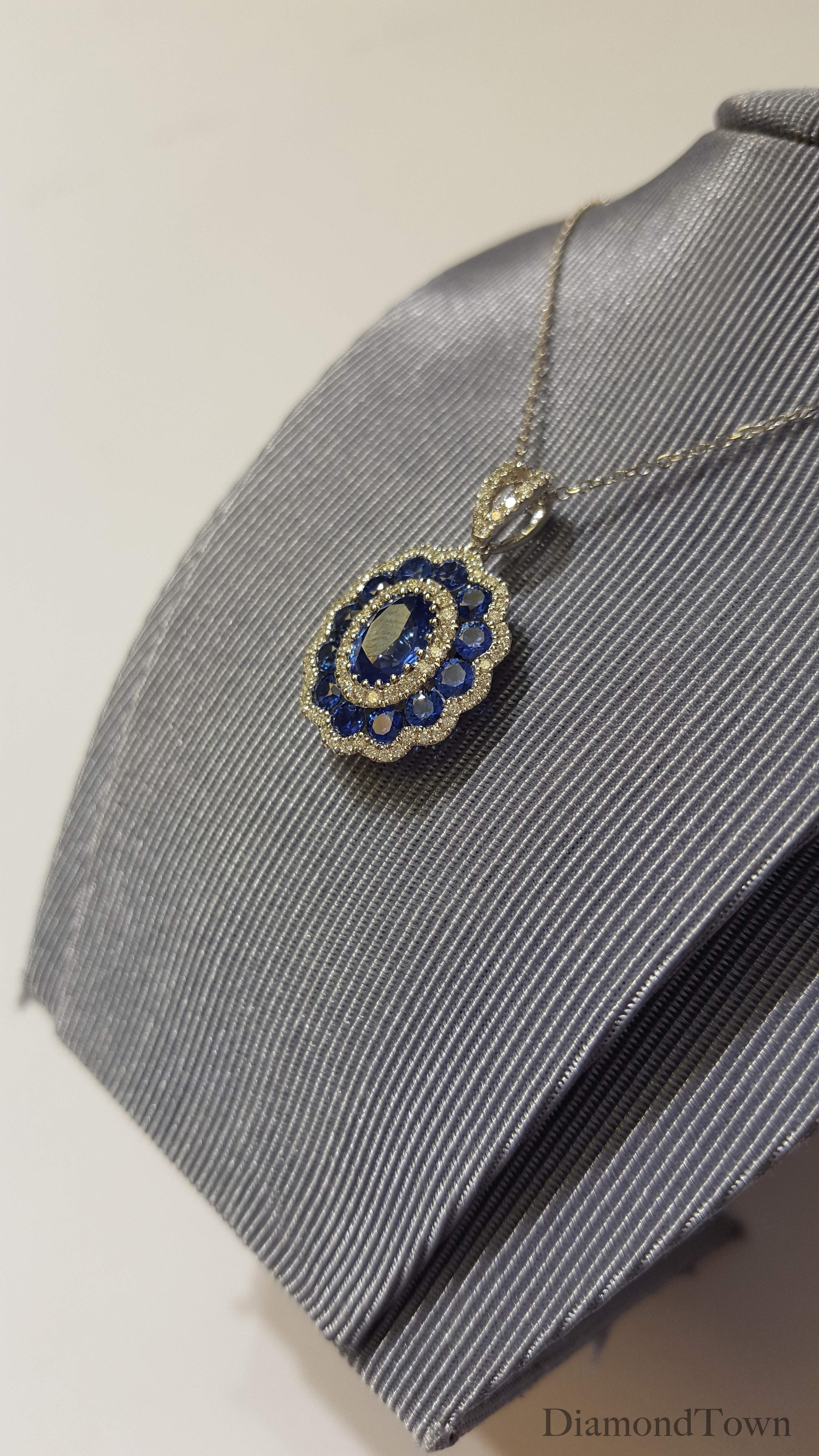 Oval Cut 1.91 Carat Sapphire and Diamond Halo Flower Pendant in 18 Karat White Gold