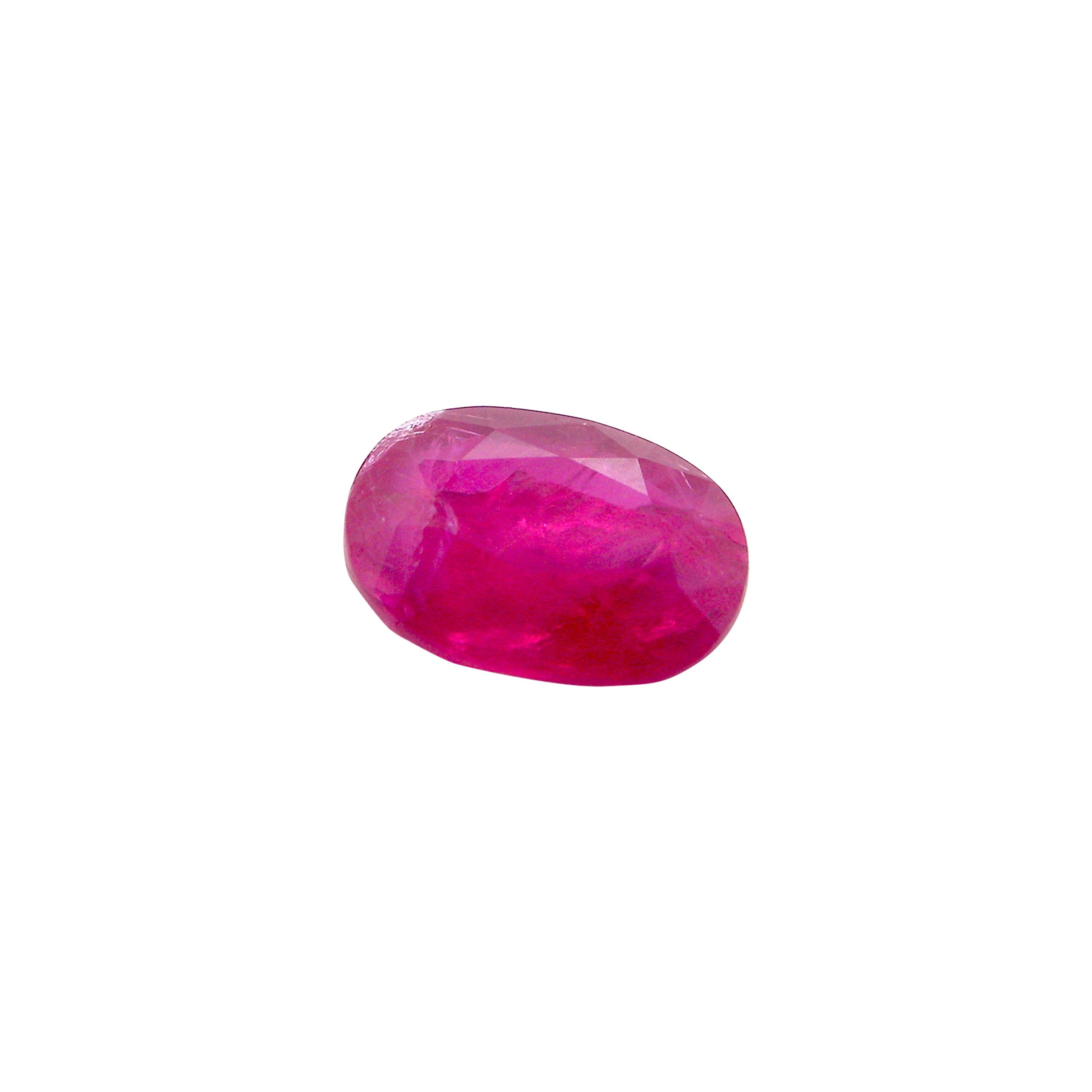 1.91 Carat Unheated Oval-Cut Burmese Pinkish-Red Ruby:

A beautiful gem, it is a 1.91 carat unheated Burmese oval-cut ruby. Hailing from the historic Mogok mines in Burma, the ruby possesses a pinkish-red colour saturation, with good lustre and