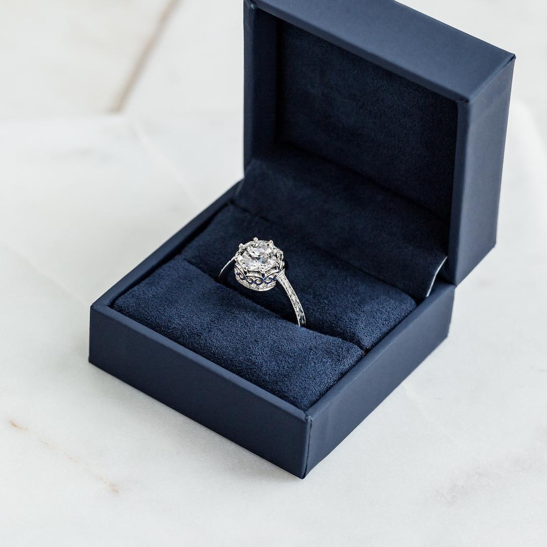 This is a divine vintage-inspired ring hand crafted in downtown Los Angeles. The platinum stunner centers an eight-prong set 1.91ct EGL certified Old European Cut diamond graded I color and VS1 clarity. The sparkling center stone is nestled within a