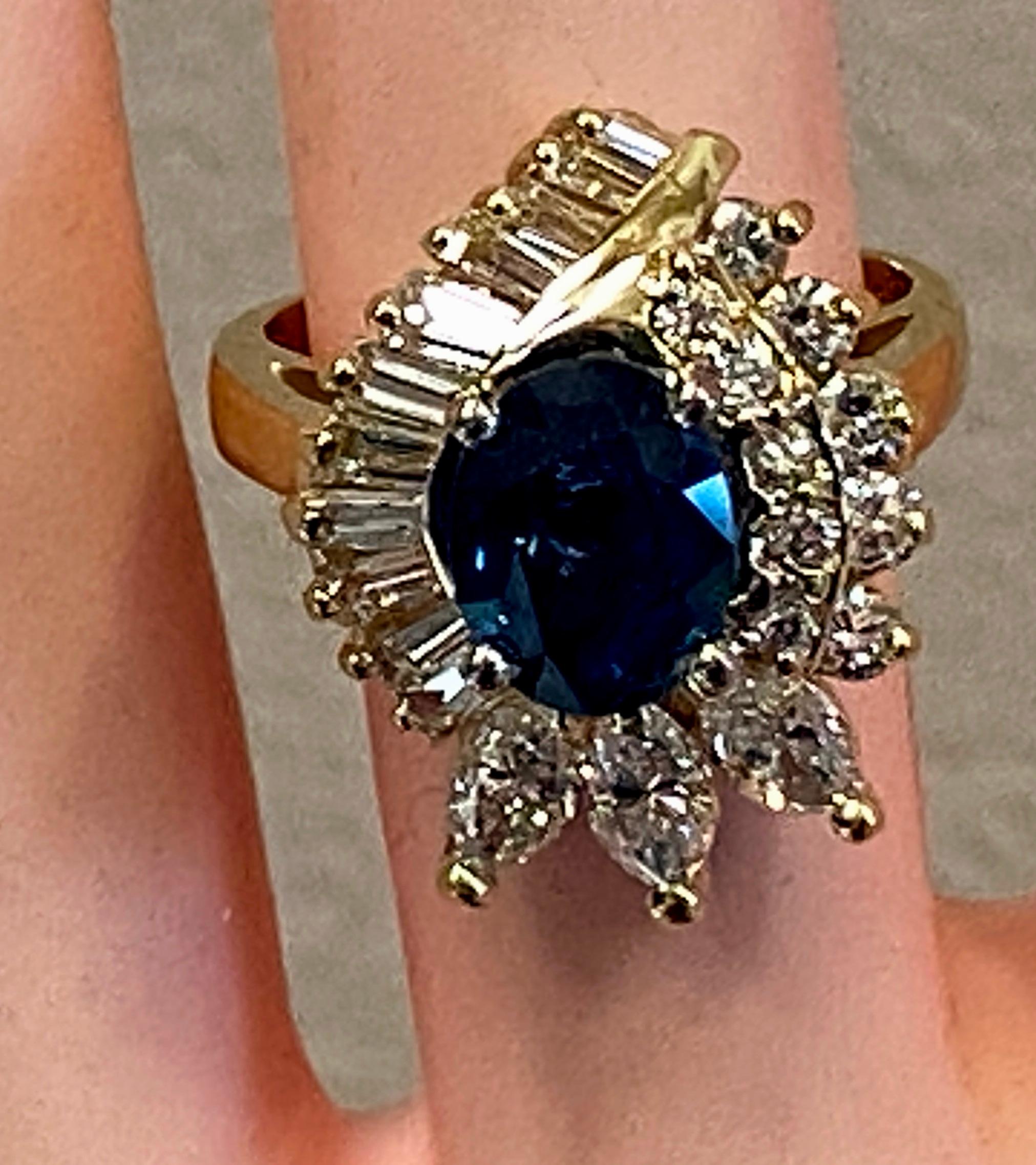 Women's or Men's 1.91 Carat Blue Sapphire and Diamond Ring in 14 Karat Yellow Gold For Sale