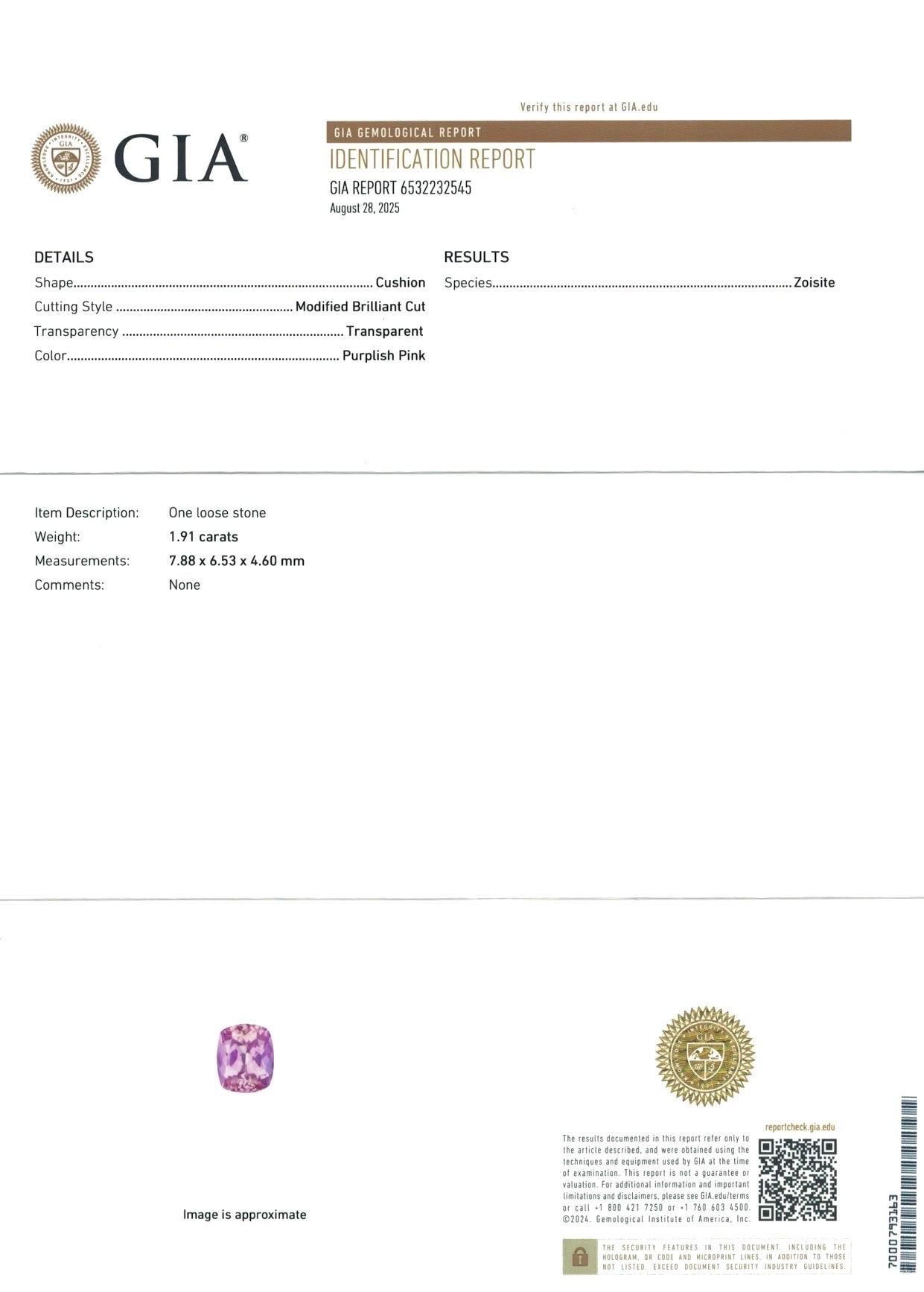 1,91 Ct GIA Zertifikat Natürlicher rosa Tansanit Zoisit Unerhitzt Kissenform im Zustand „Neu“ im Angebot in bangkok, TH