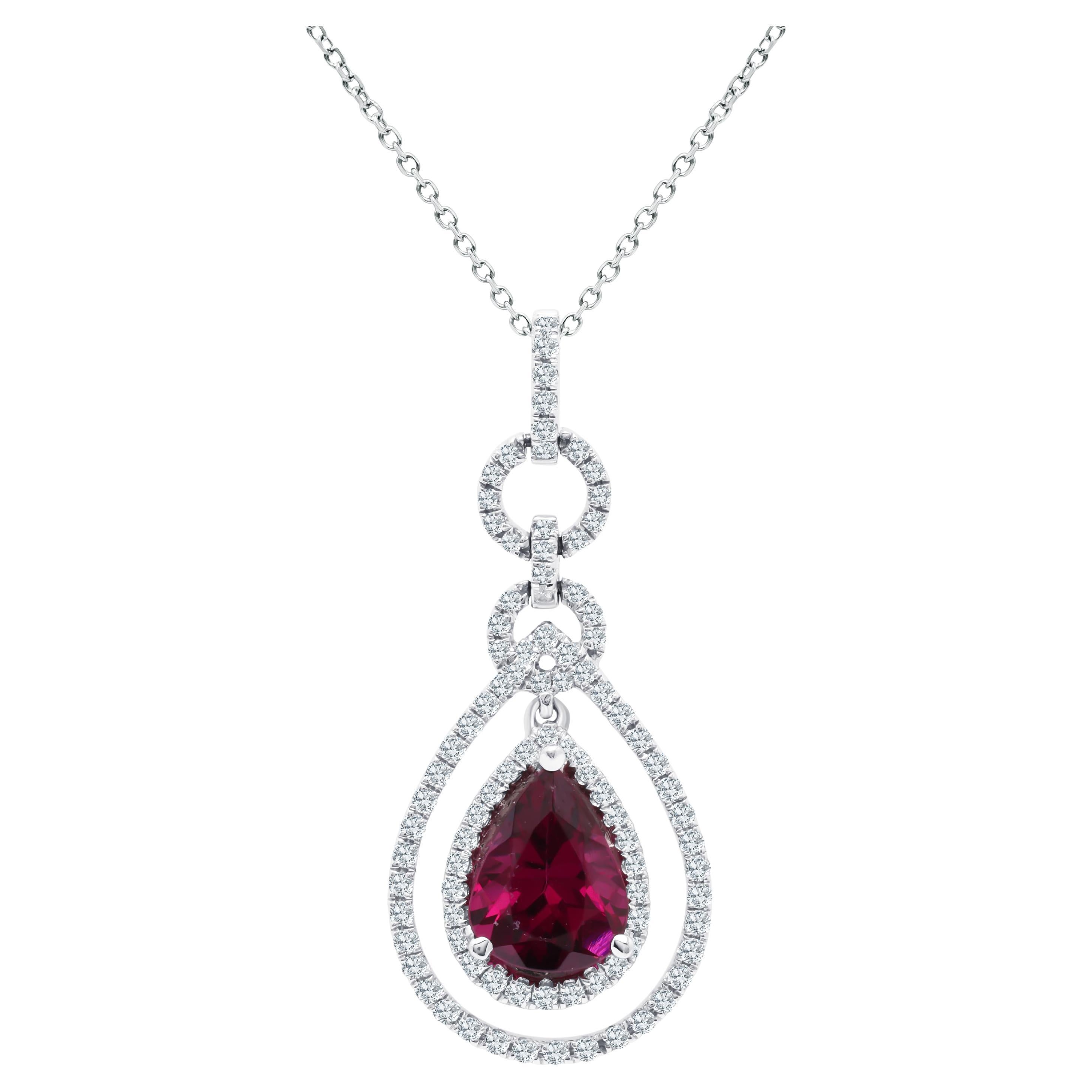 1.91 Ct Pear Shape Raspberry Garnet and Natural Dia Double Halo Pendant ref1635 For Sale