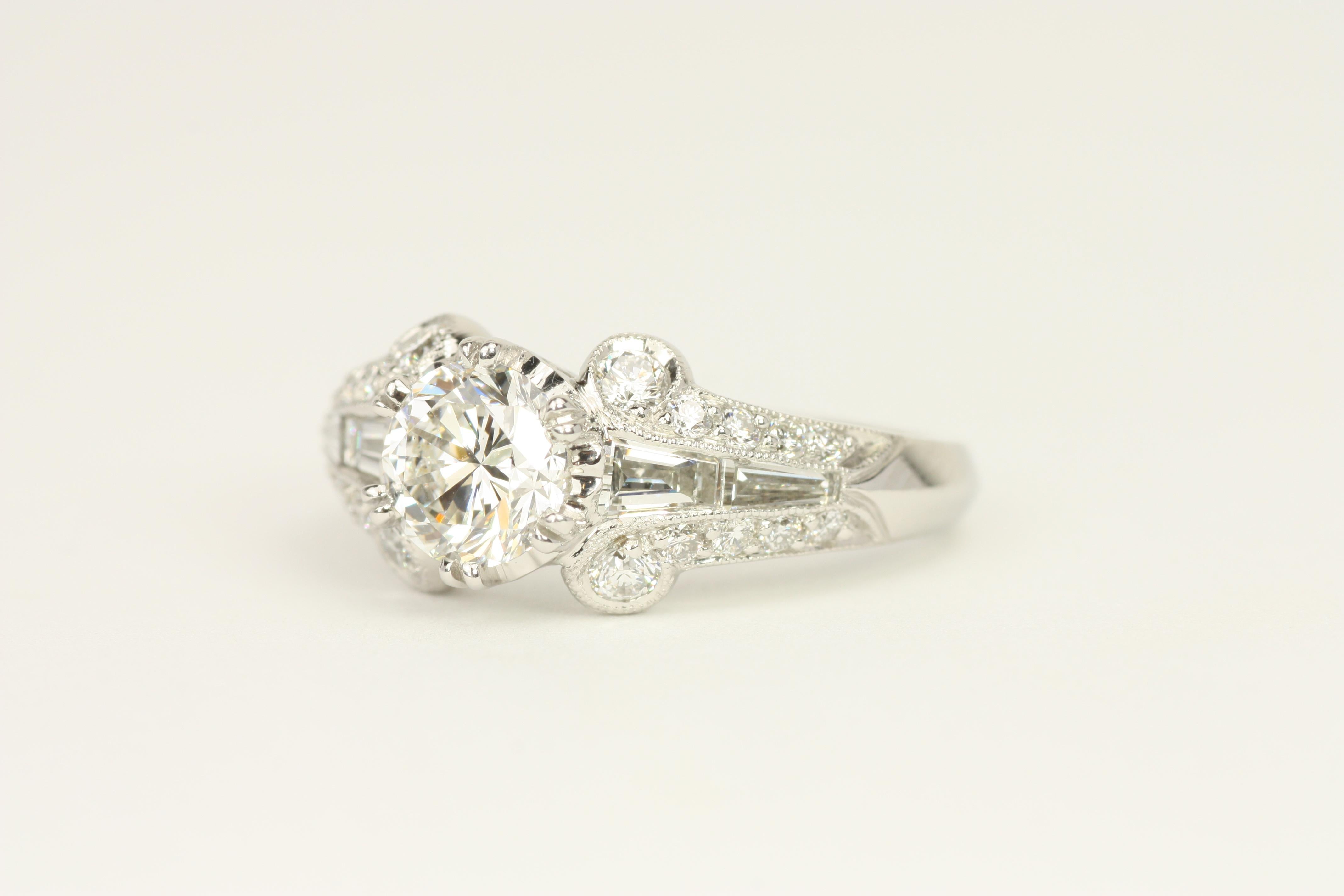 1.91 Total Carat Round Brilliant Art Deco Platinum Engagement Ring For Sale 2