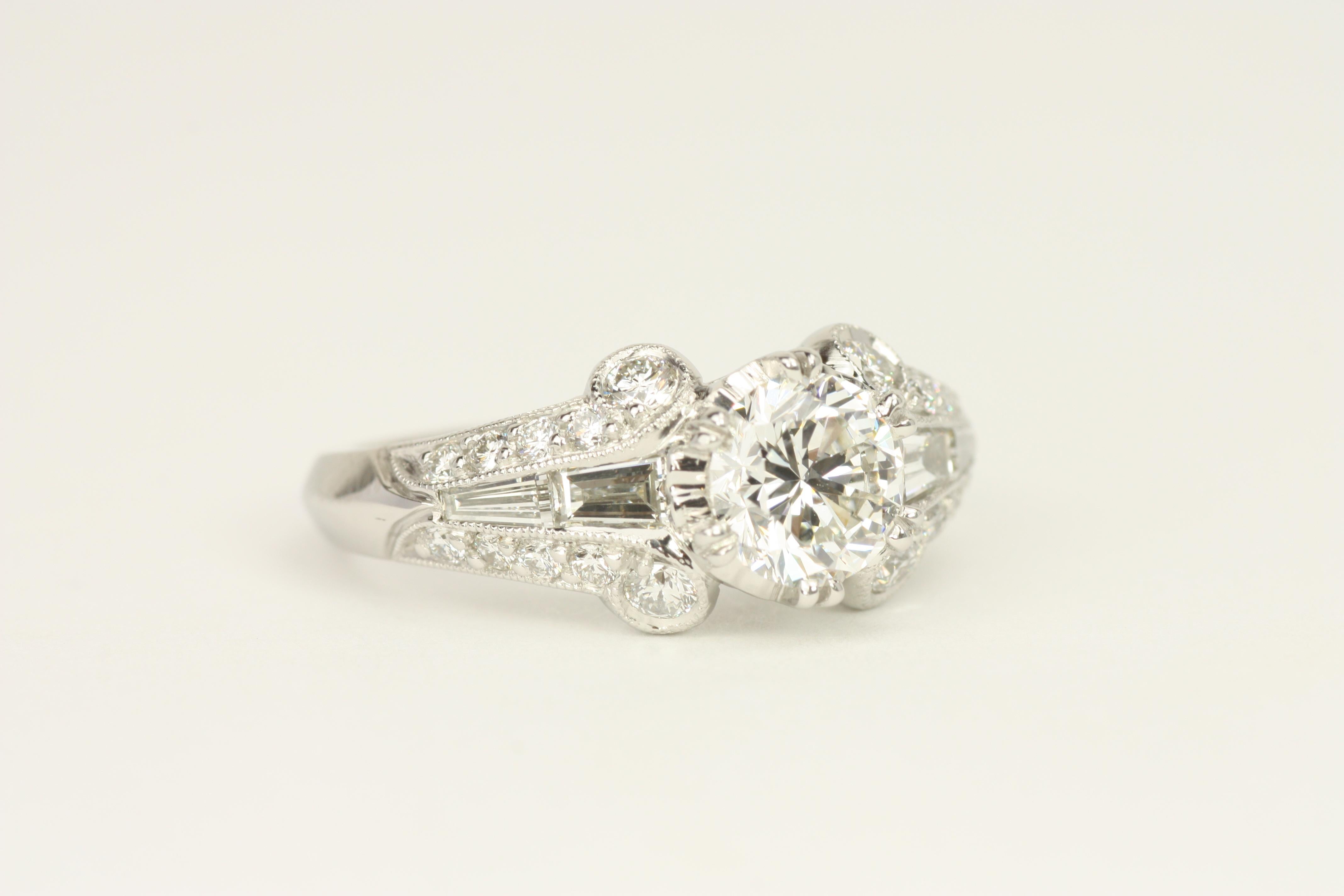 1.91 Total Carat Round Brilliant Art Deco Platinum Engagement Ring For Sale 3