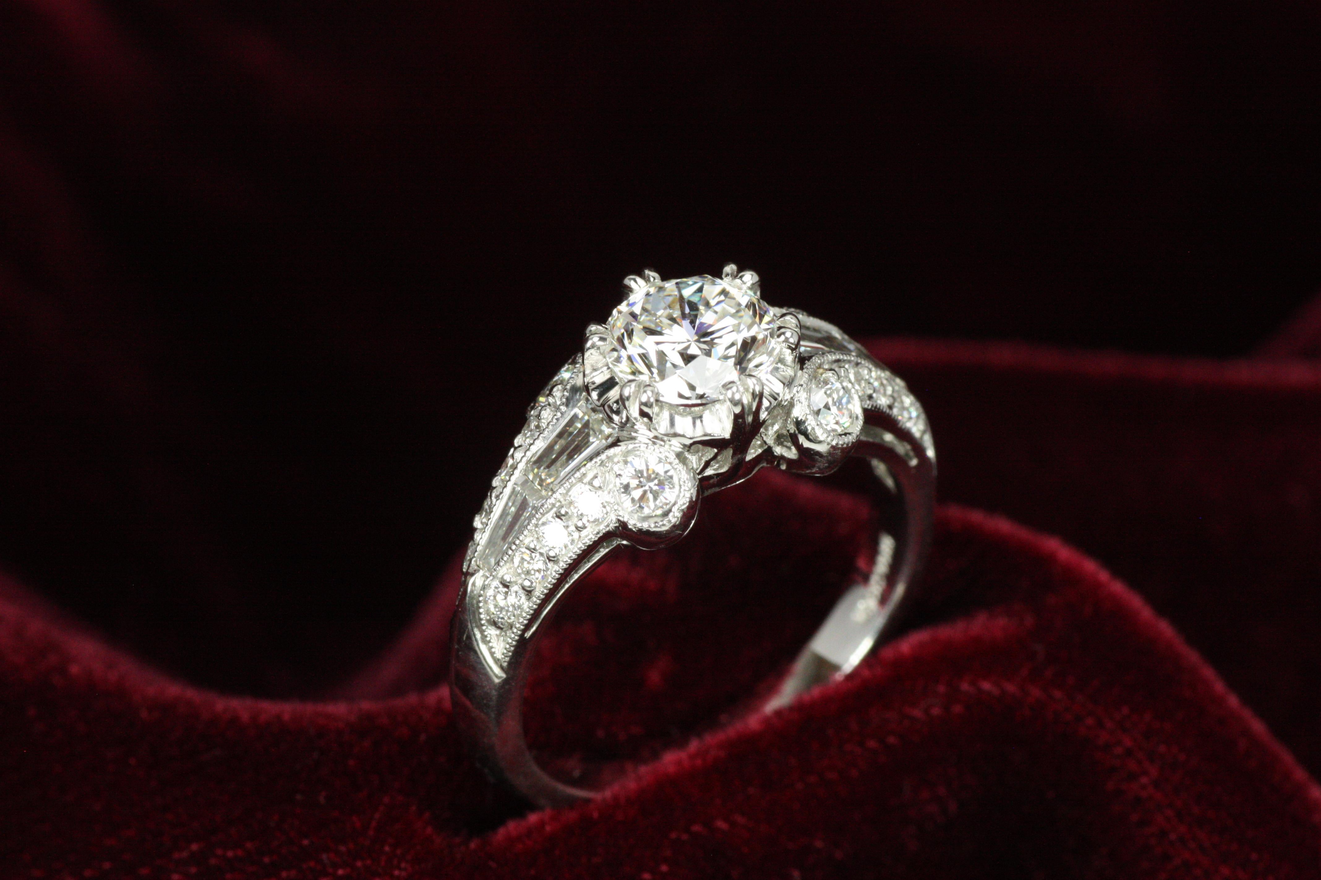 Round Cut 1.91 Total Carat Round Brilliant Art Deco Platinum Engagement Ring For Sale