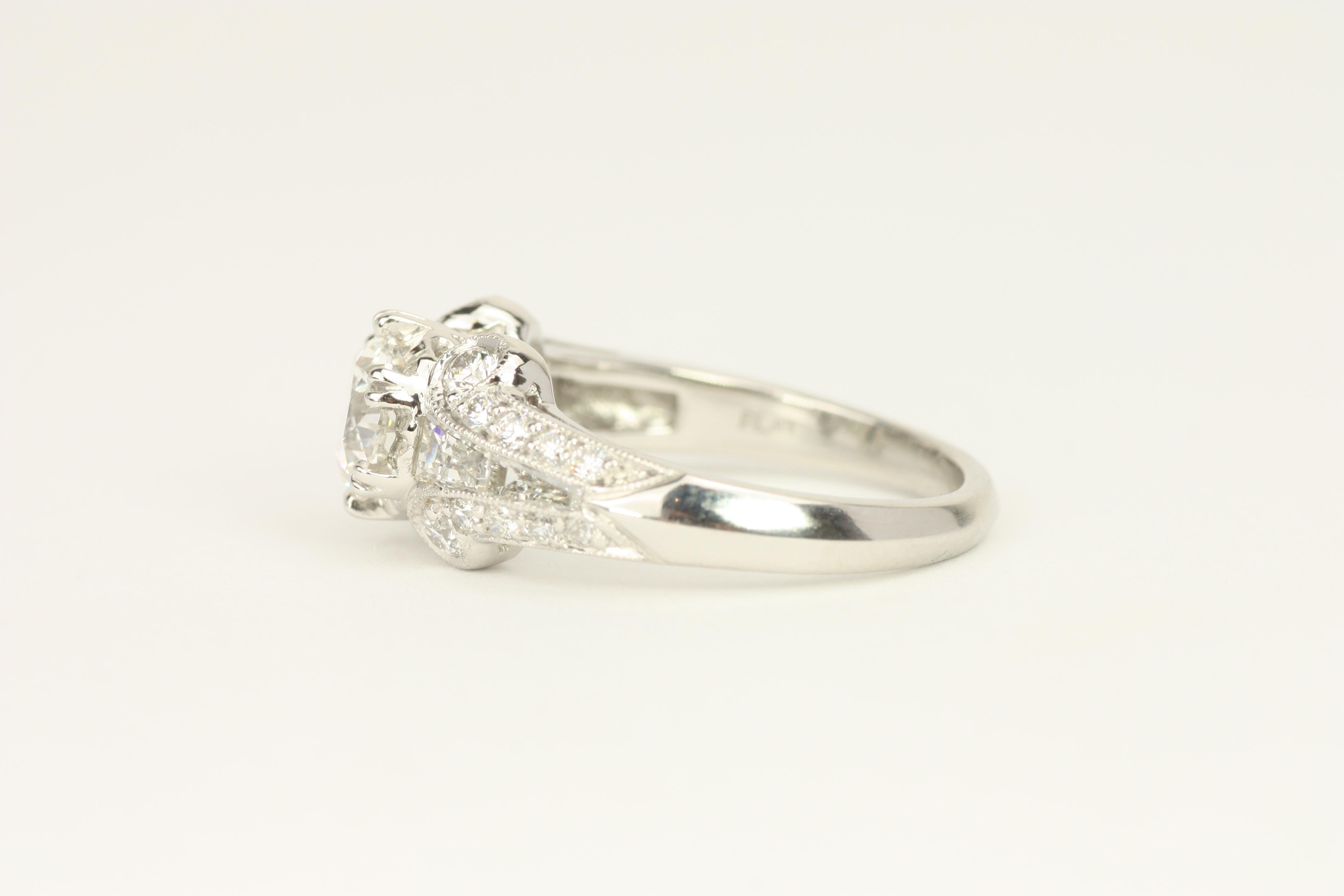 1.91 Total Carat Round Brilliant Art Deco Platinum Engagement Ring For Sale 4