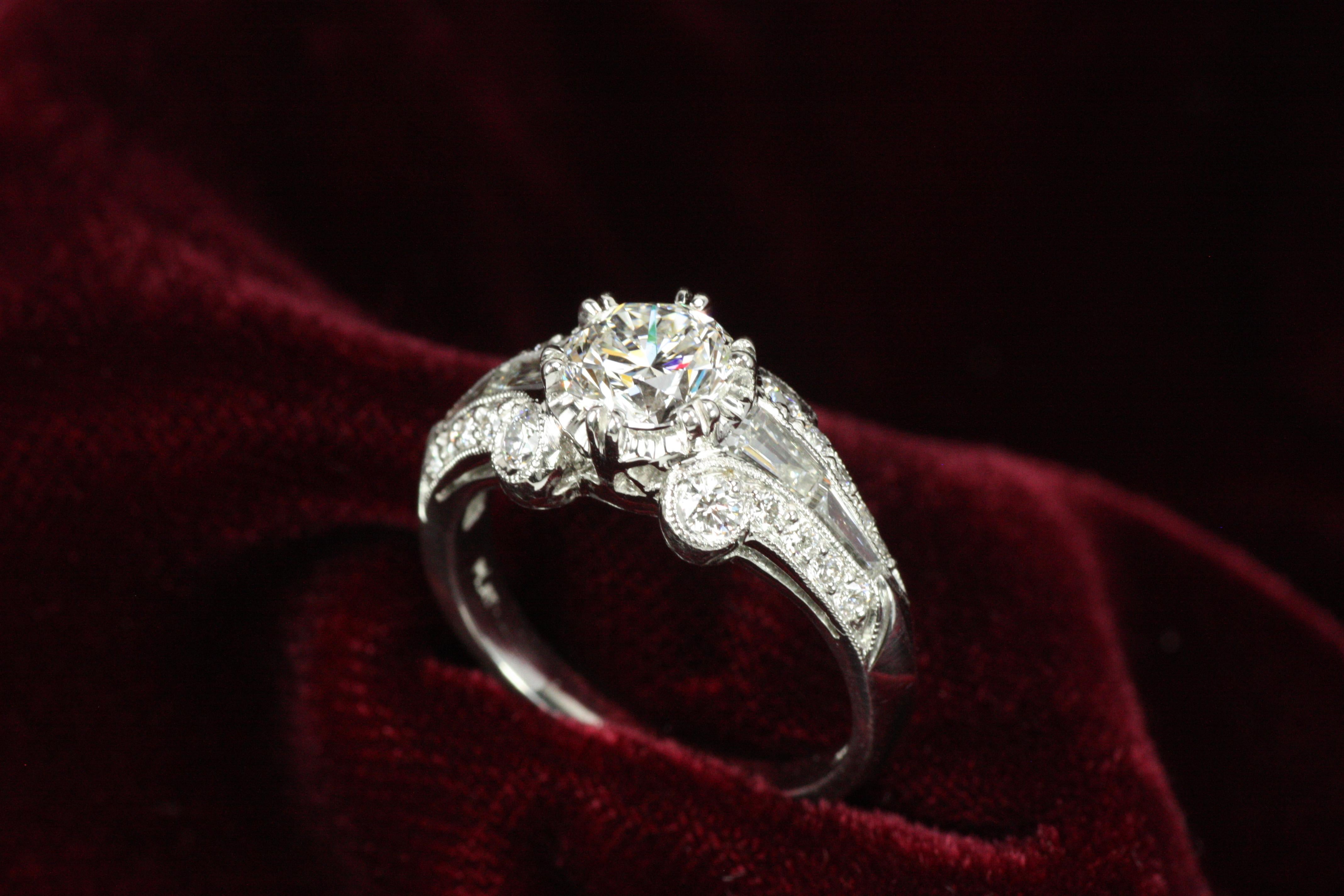 1.91 Total Carat Round Brilliant Art Deco Platinum Engagement Ring In New Condition For Sale In Santa Monica, CA