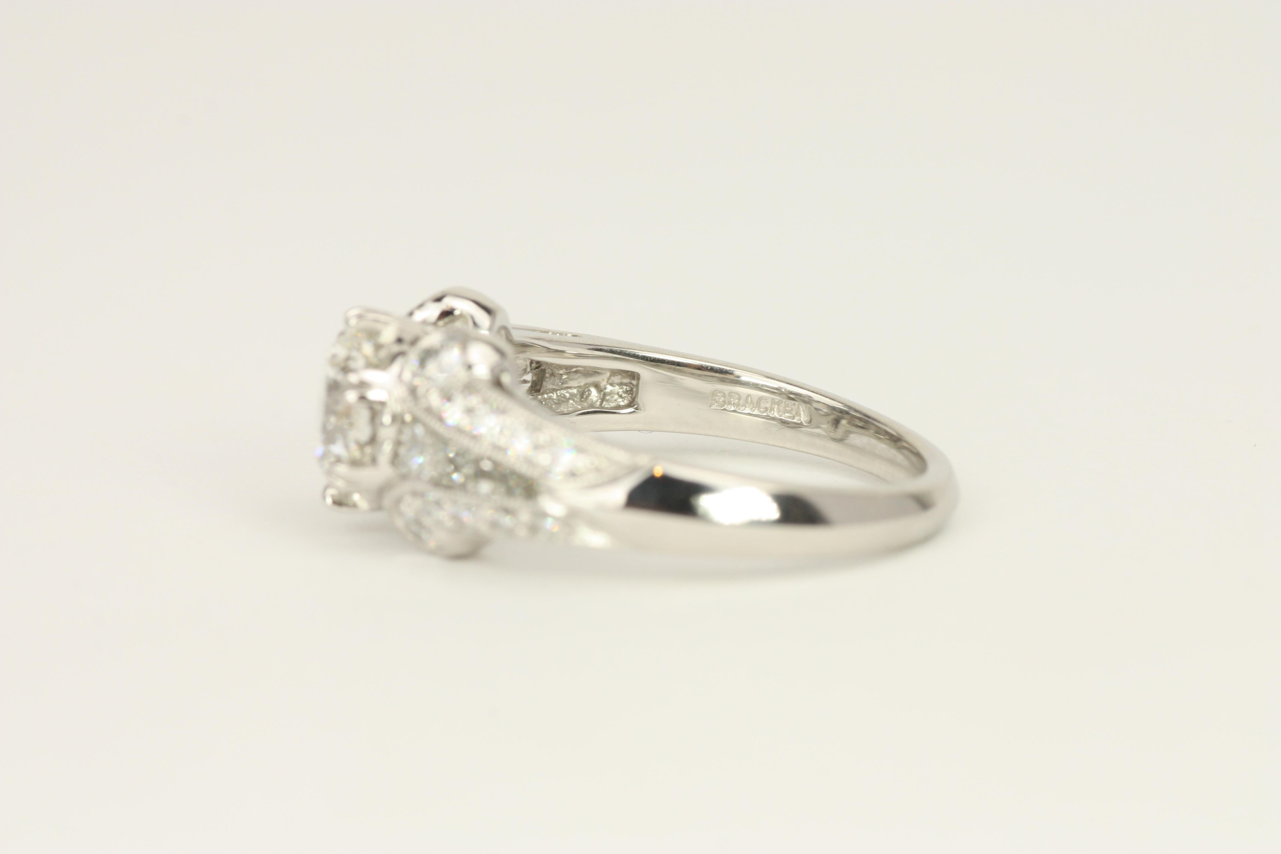 1.91 Total Carat Round Brilliant Art Deco Platinum Engagement Ring For Sale 5