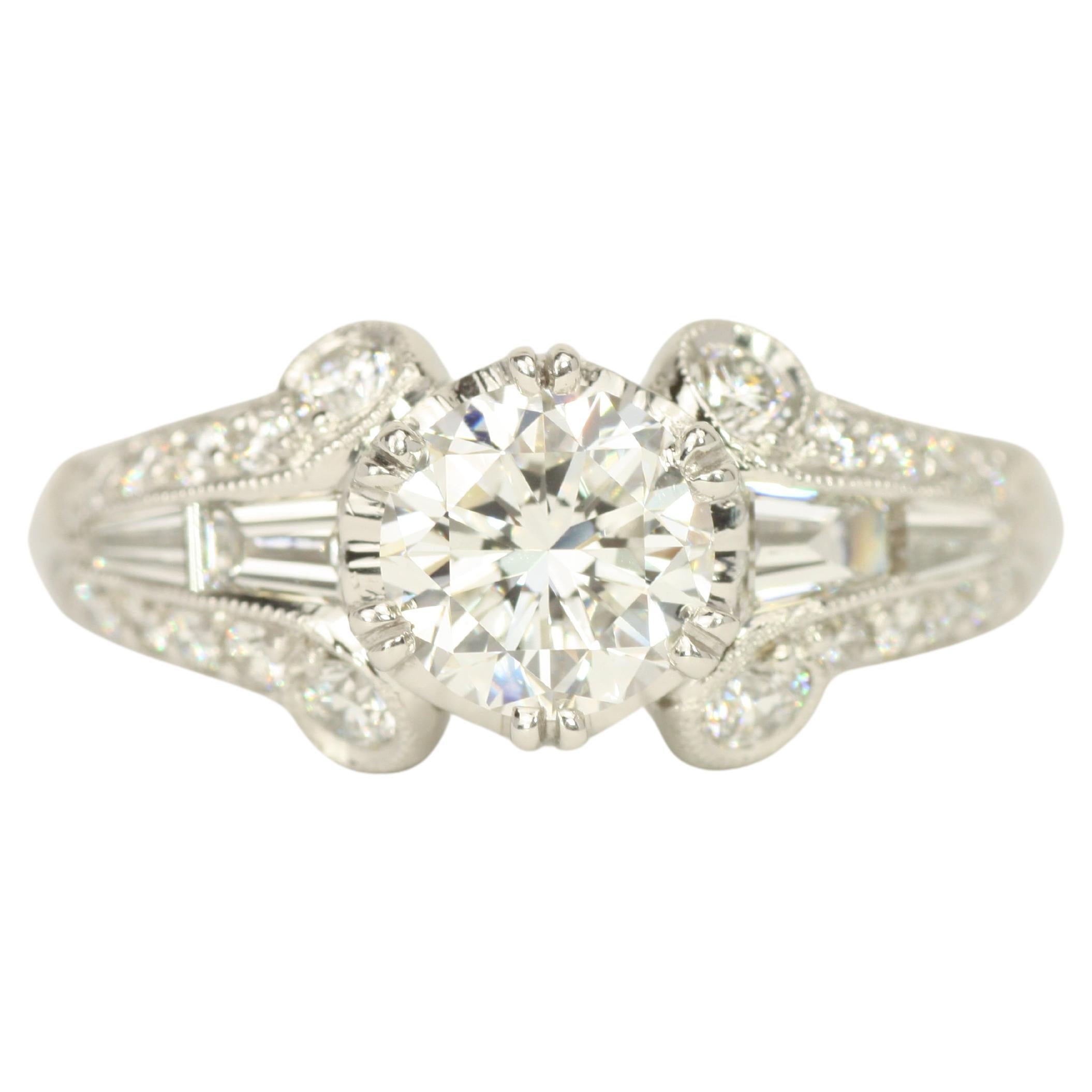 1.91 Total Carat Round Brilliant Art Deco Platinum Engagement Ring For Sale