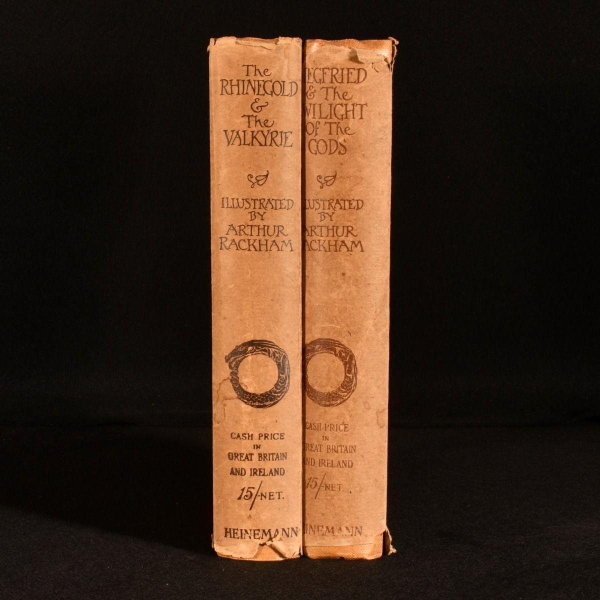 A beautifully and colourfully illustrated copy of Richard Wagner's epic four epic opera dramas, illustrated throughout by Arthur Rackham with tipped-in colour plates, scarce to see in their original dust wrappers.

The first editions, first