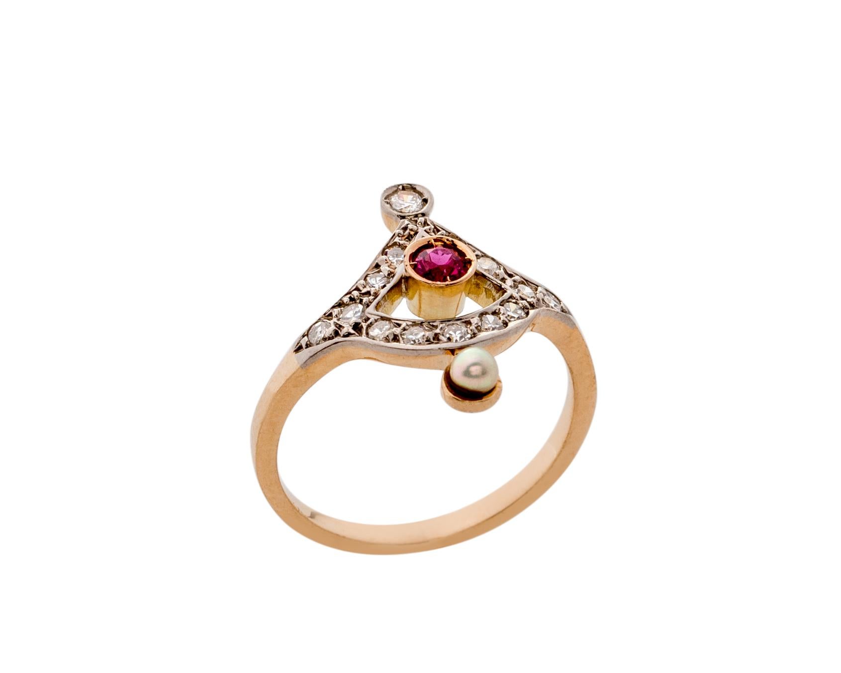 Single Cut 1910 .15 Carat Diamond, Ruby and Pearl Ring, 18 Karat Gold and Platinum For Sale