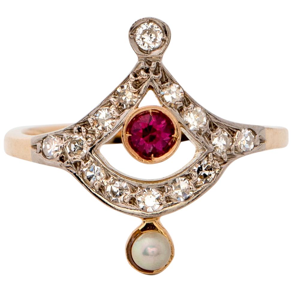 1910 .15 Carat Diamond, Ruby and Pearl Ring, 18 Karat Gold and Platinum For Sale