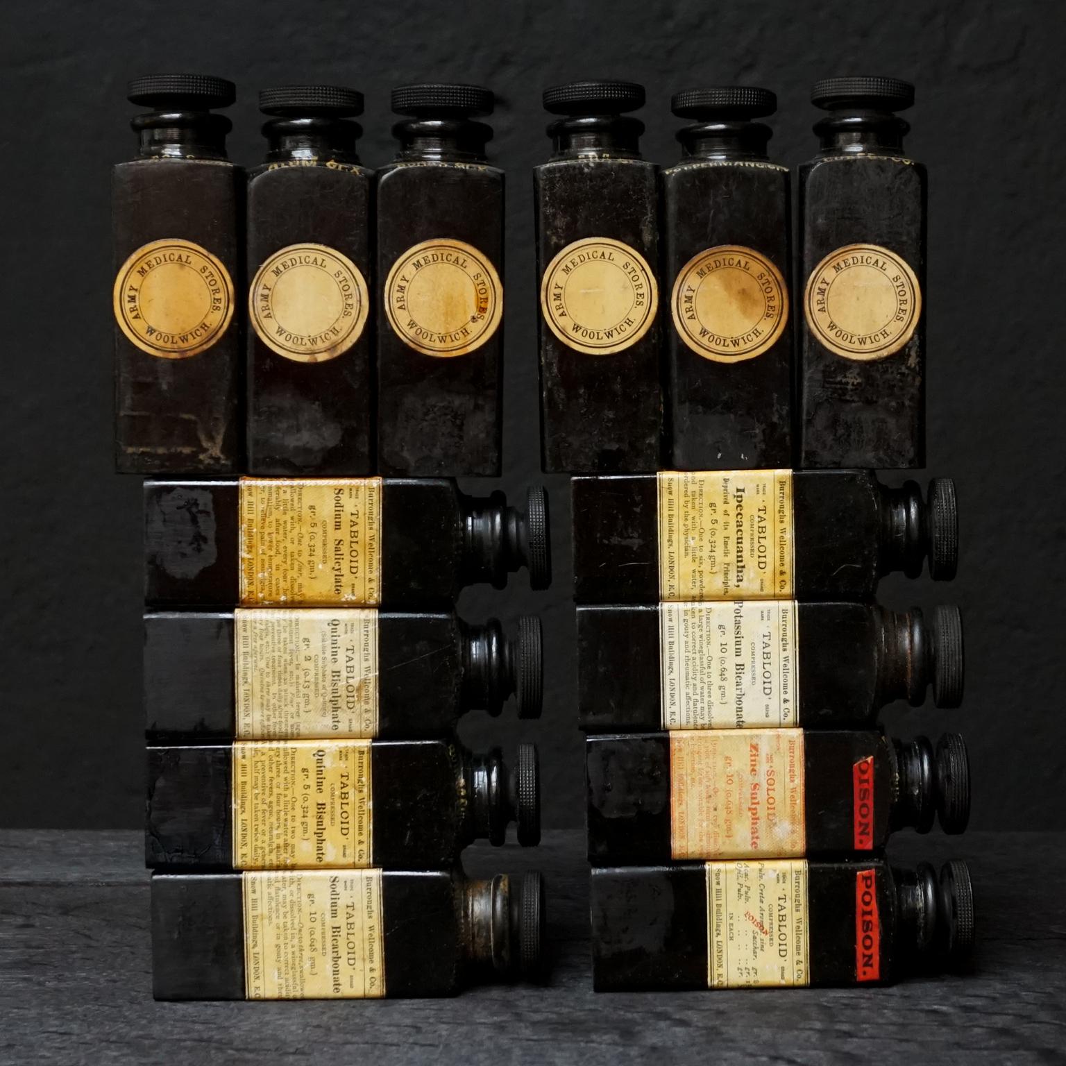 Fourteen black Bakelite Burroughs Wellcome & Co of London medicine bottles.
Medicine bottles like these where used on the British Terra Nova Antarctic Expeditions 1910-1913 and by Walter Wellman for a Transatlantic balloon flight in