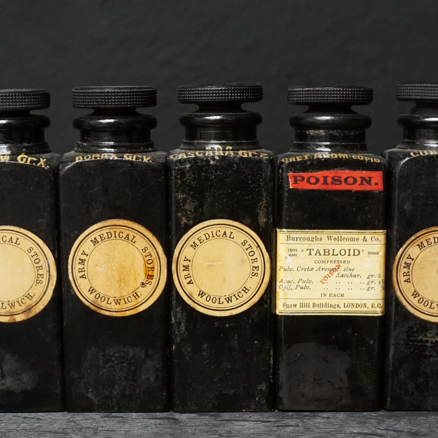 Early 20th Century 1910-1919 Bakelite Expedition Burroughs Wellcome & Co London Medicine Bottles For Sale