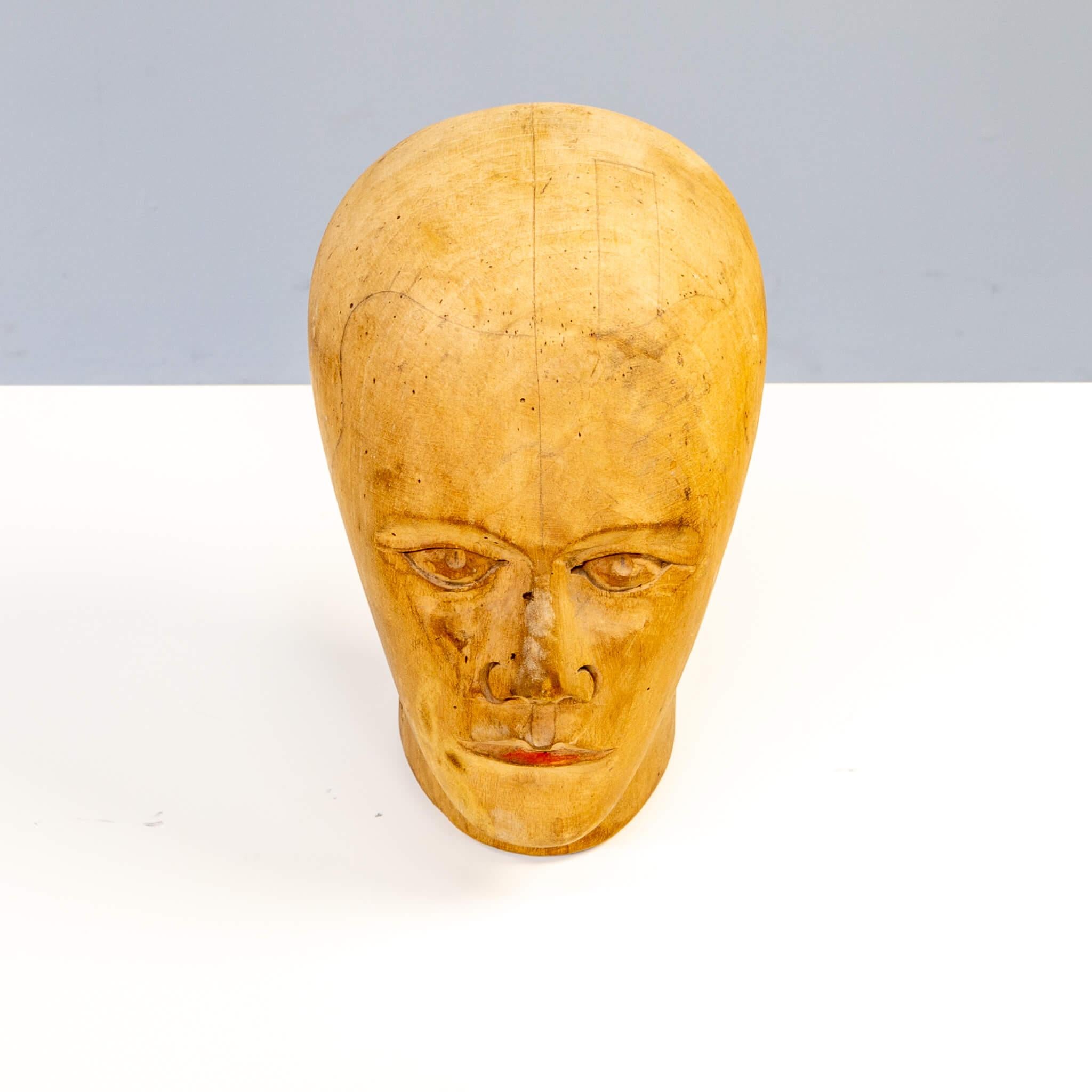 Wood 1910-1930 German Carved Milliner’s Head For Sale