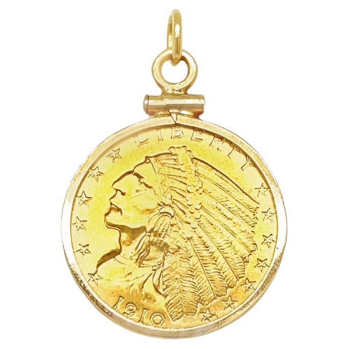1910 2 1/2 dollar Indian Head Gold Coin Pendant with 14k Yellow Gold Bezel
