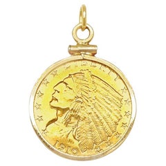 Used 1910 2.50 dollar Indian Head 22k Gold Coin Pendant with 14k Yellow Gold Bezel