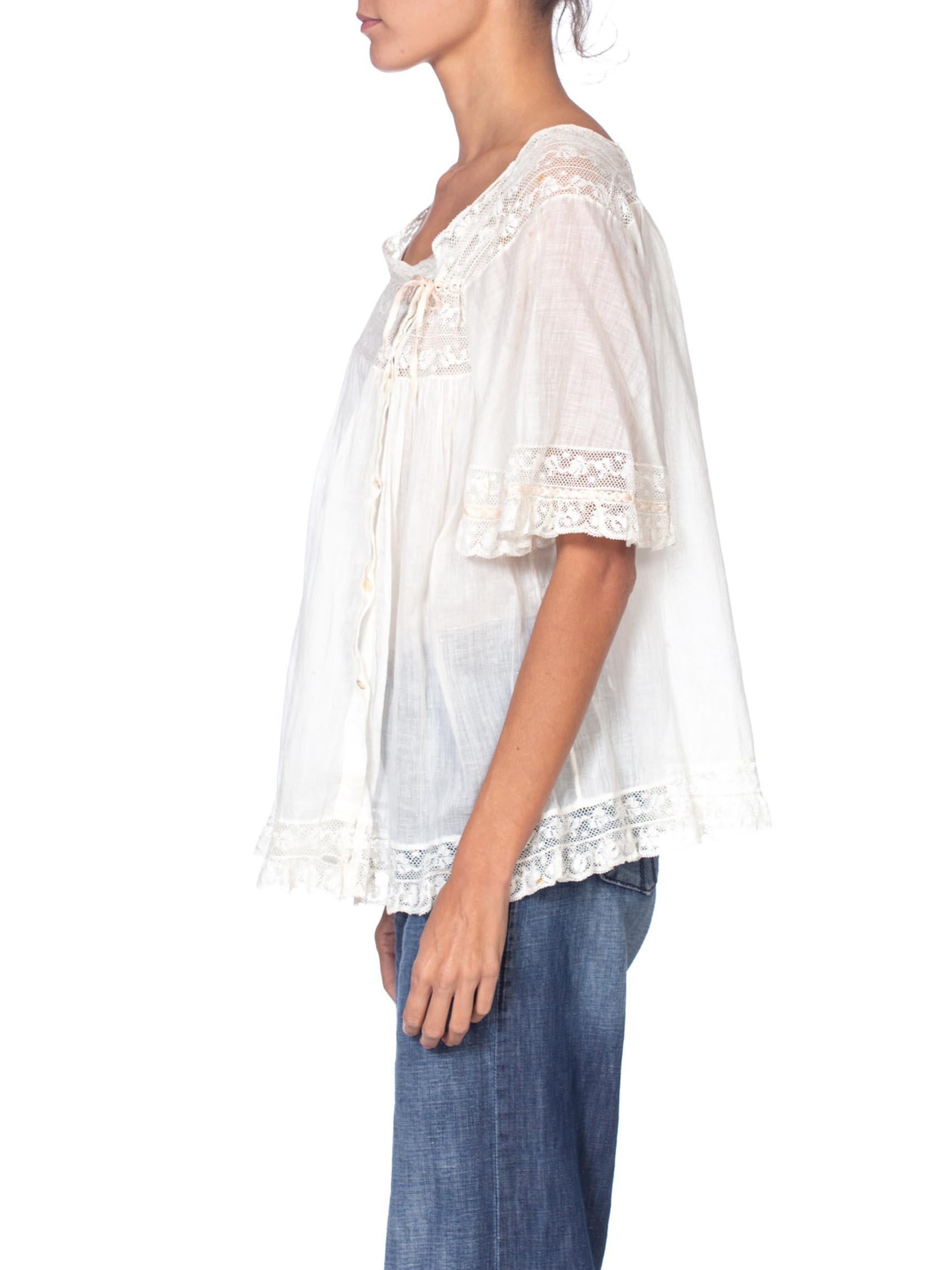 Gray Victorian White Cotton Voile & Lace Oversized Boho Bed Jacket Top