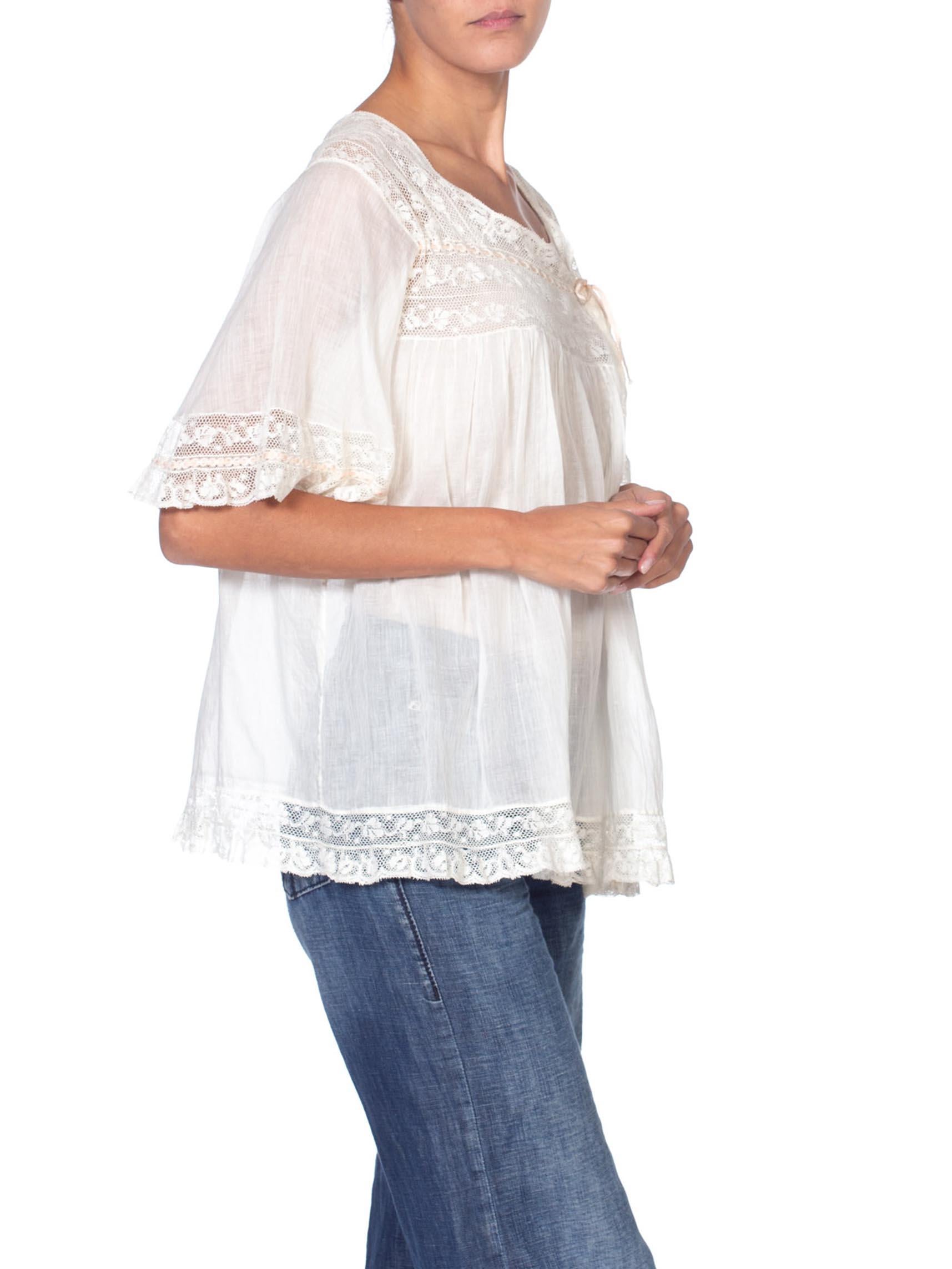 Victorian White Cotton Voile & Lace Oversized Boho Bed Jacket Top 1
