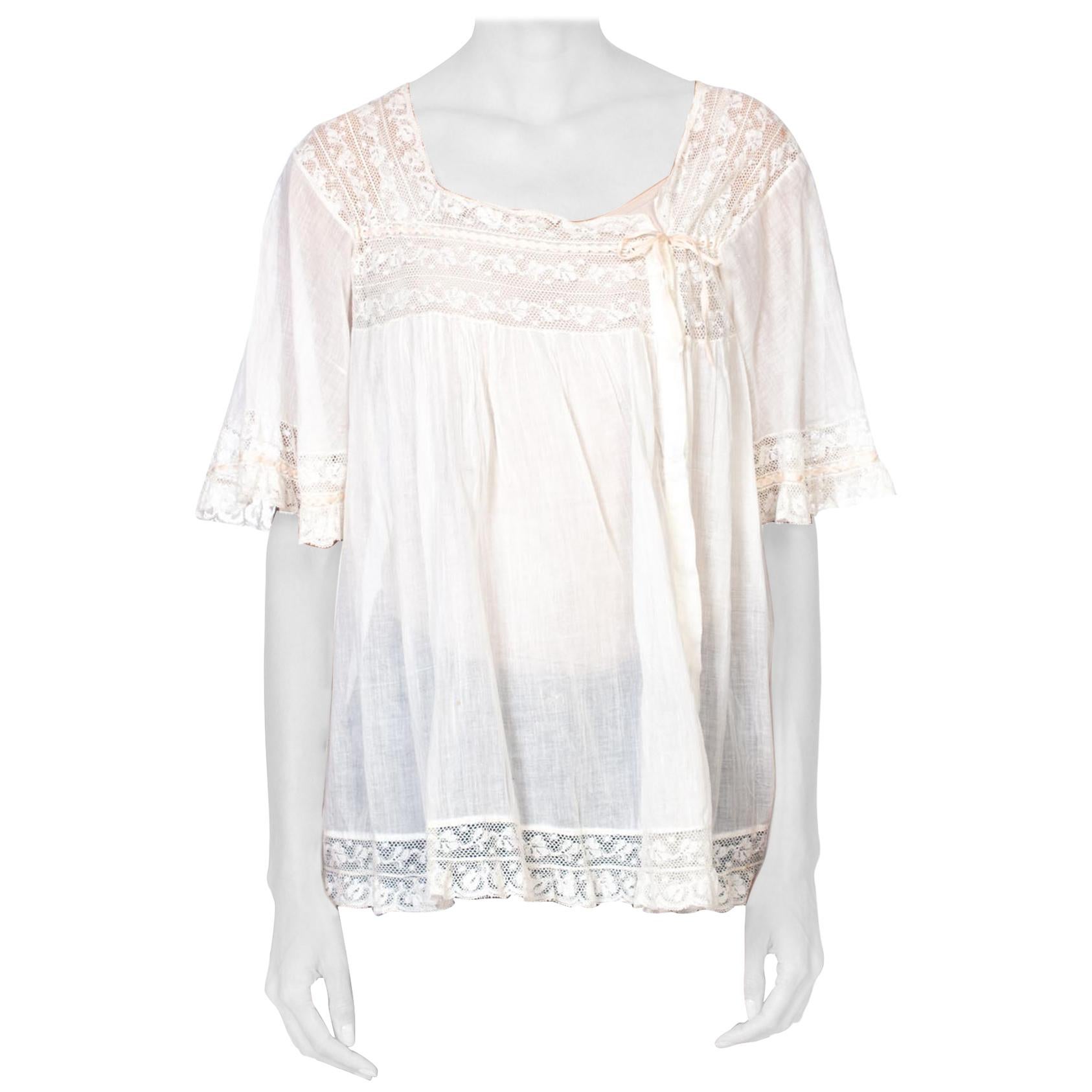 Victorian White Cotton Voile & Lace Oversized Boho Bed Jacket Top