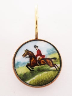 1910 9 Carat Rose Gold Hand Painted Horse and Rider Dangle Earrings