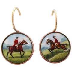 1910 9 Carat Rose Gold Hand Painted Horse and Rider Dangle Earrings