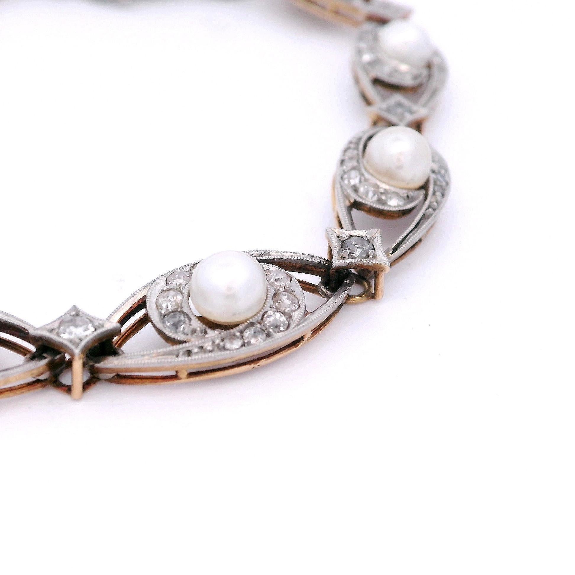 Art Deco 1910 Antique 18kt Gold and Platinum Bracelet with Diamonds and Pearls For Sale