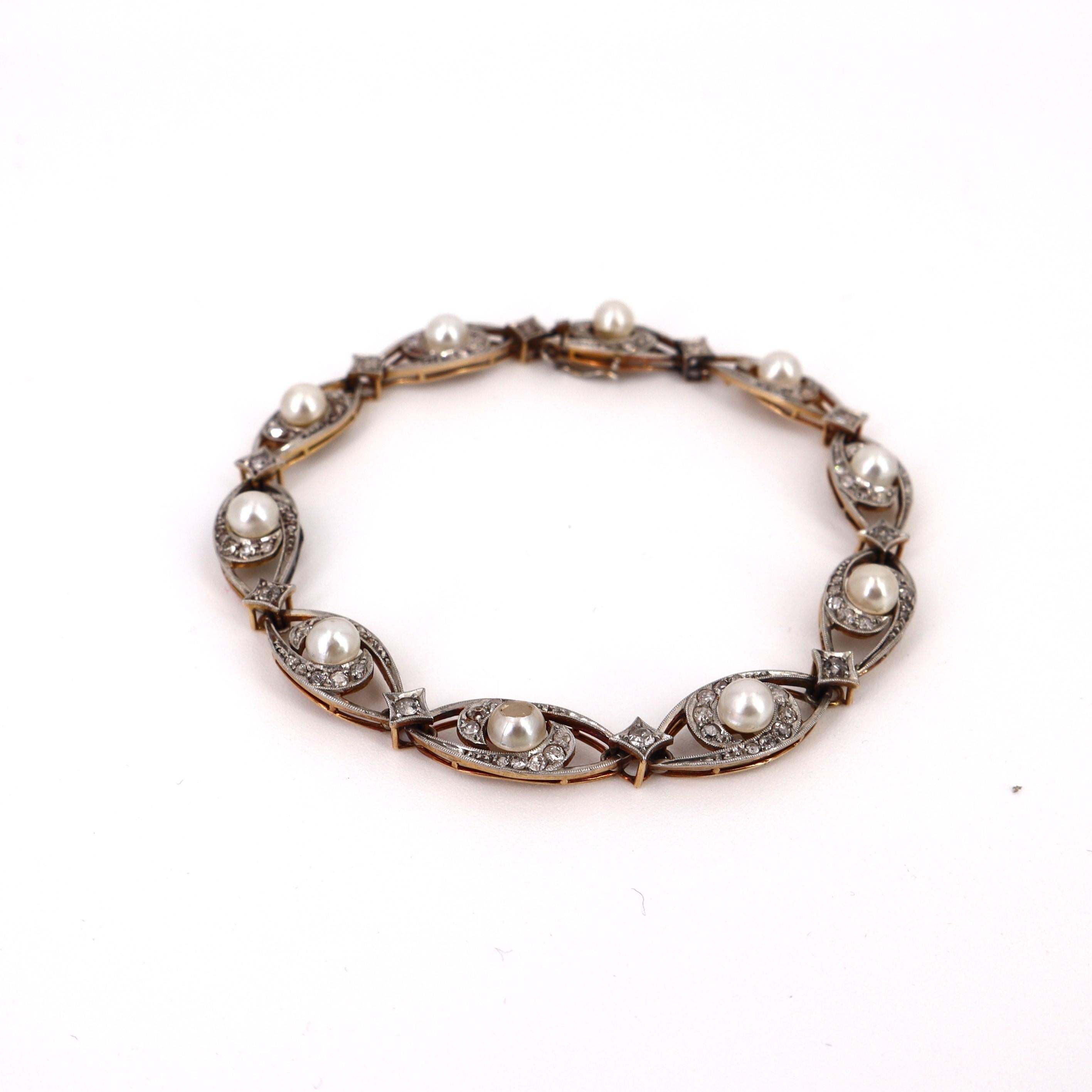 Round Cut 1910 Antique 18kt Gold and Platinum Bracelet with Diamonds and Pearls For Sale