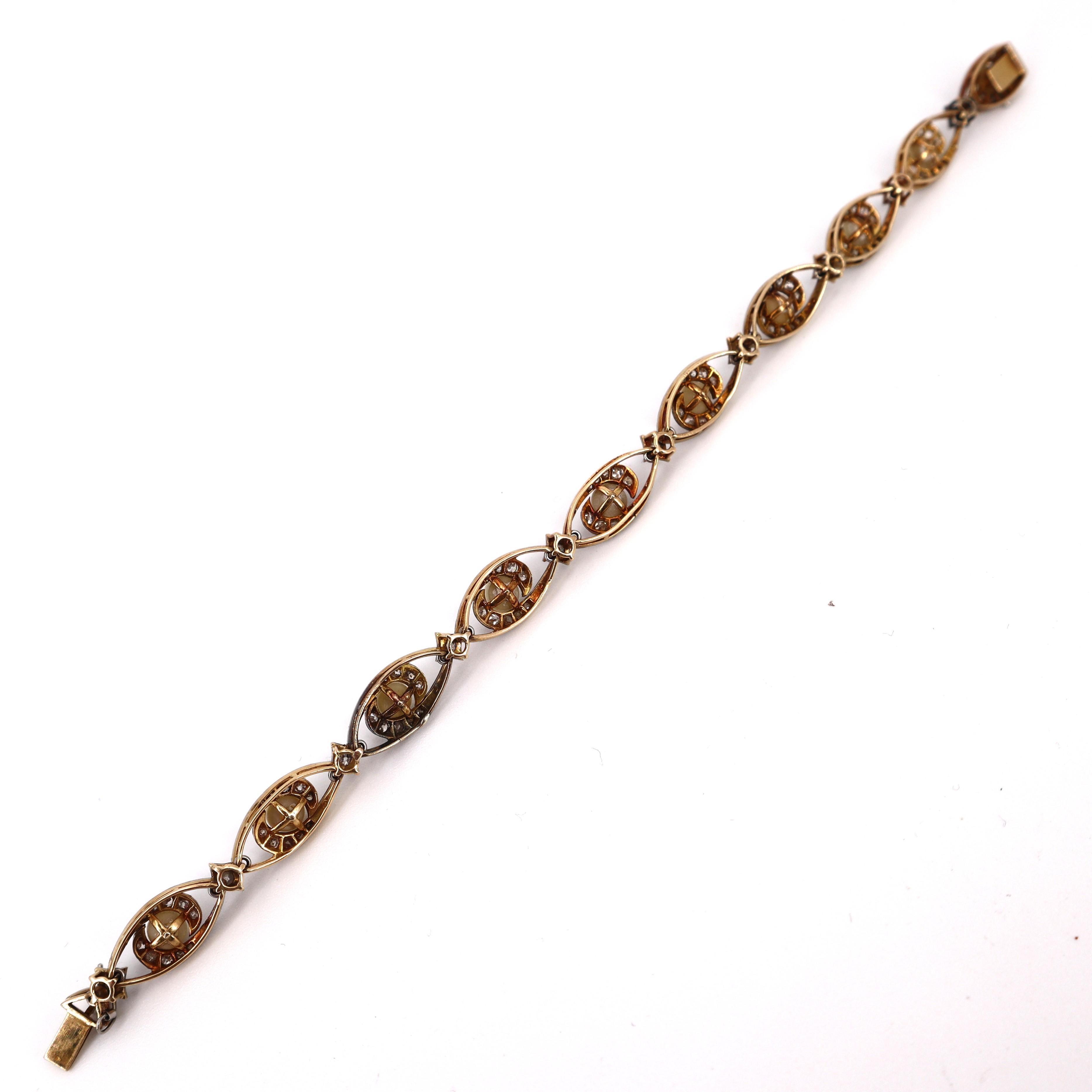 Women's or Men's 1910 Antique 18kt Gold and Platinum Bracelet with Diamonds and Pearls For Sale
