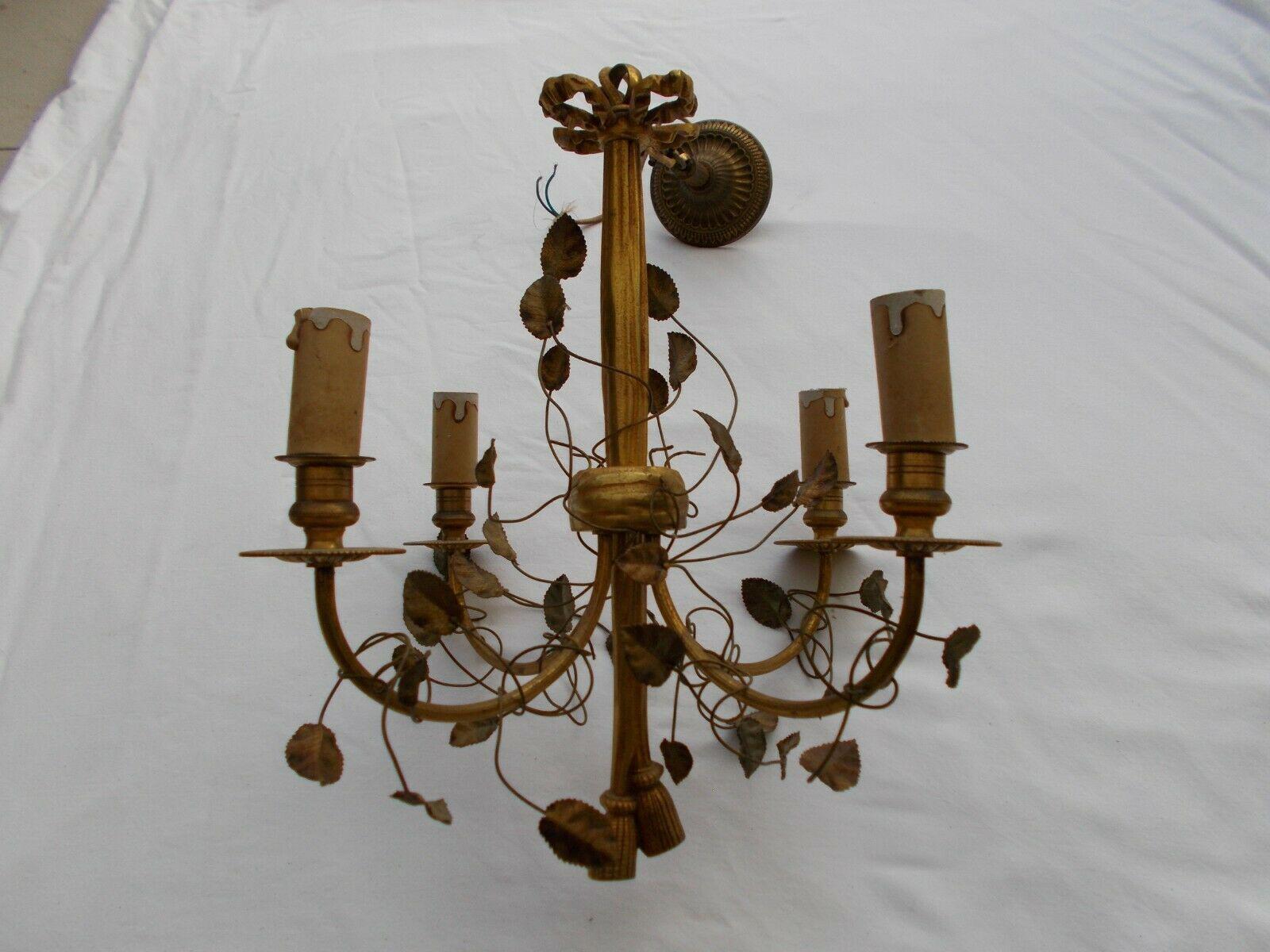 c1910 French Antique Louis XVI Bronze Floral Petals and Vines Chandelier. Style of Maison Jansen. 4 light. Purchased on a buying trip to Paris.
