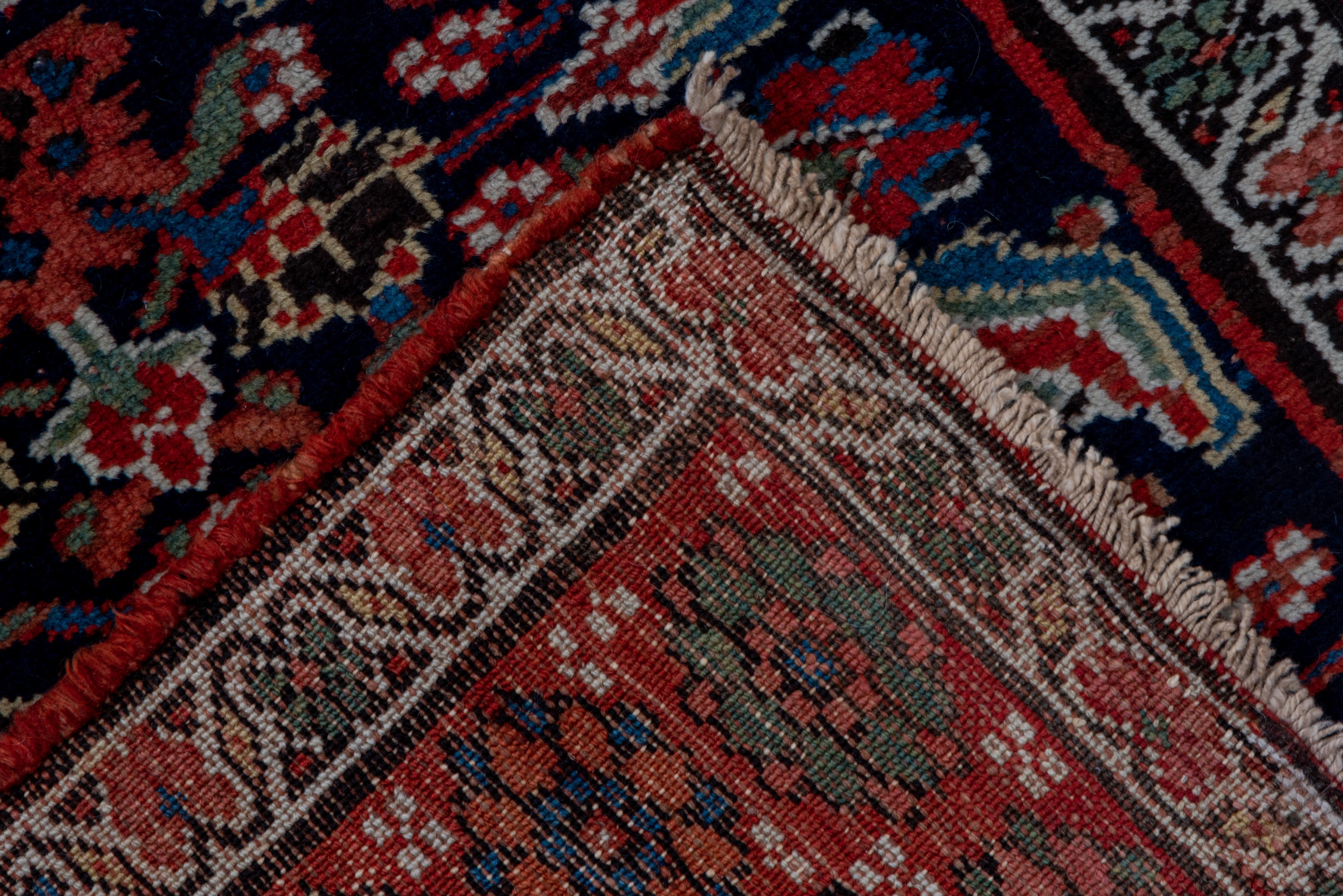 Hand-Knotted 1910 Antique Persian Malayer Runner, Dark Navy Field & Red Borders, Herati Field