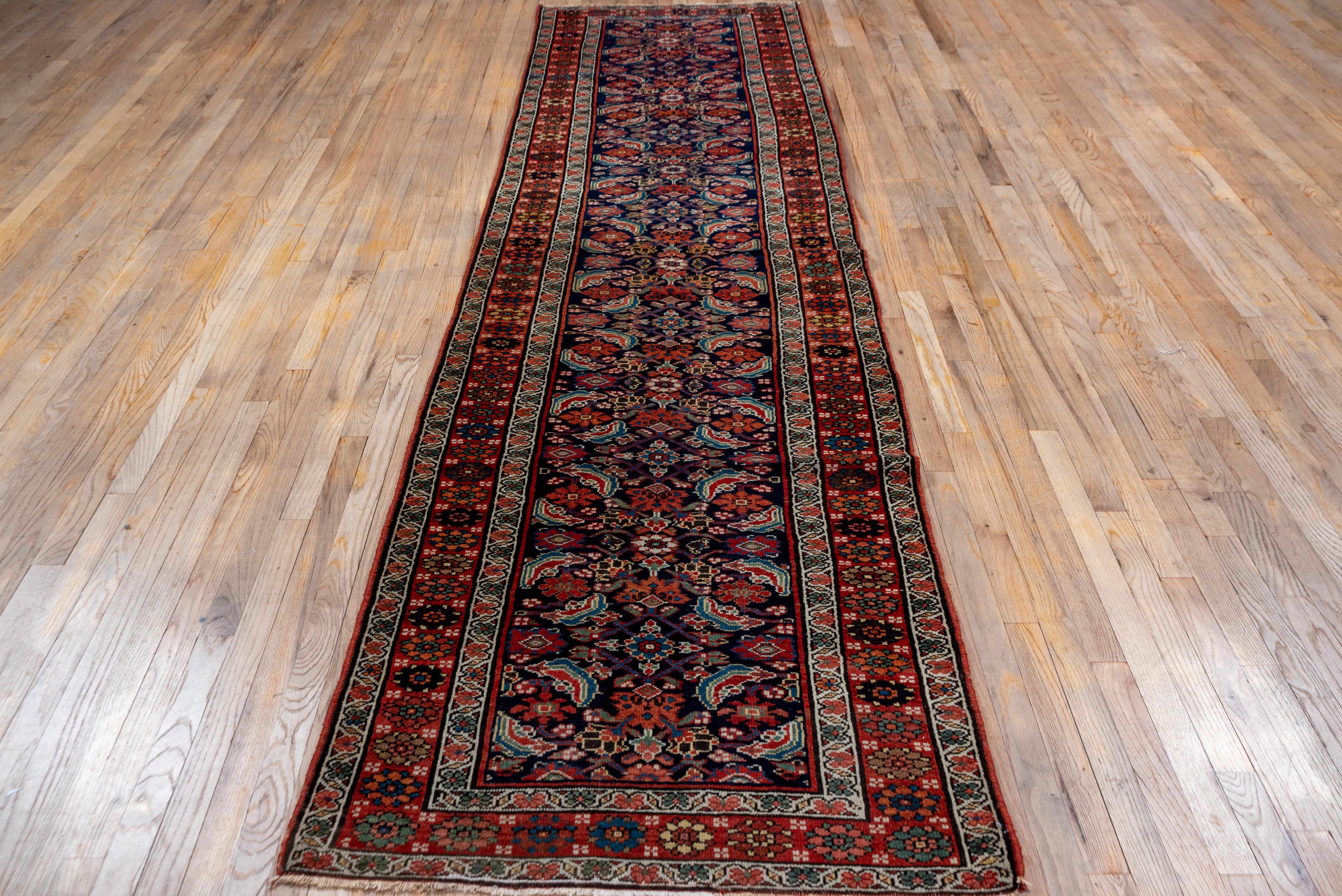 1910 Antique Persian Malayer Runner, Dark Navy Field & Red Borders, Herati Field In Good Condition For Sale In New York, NY
