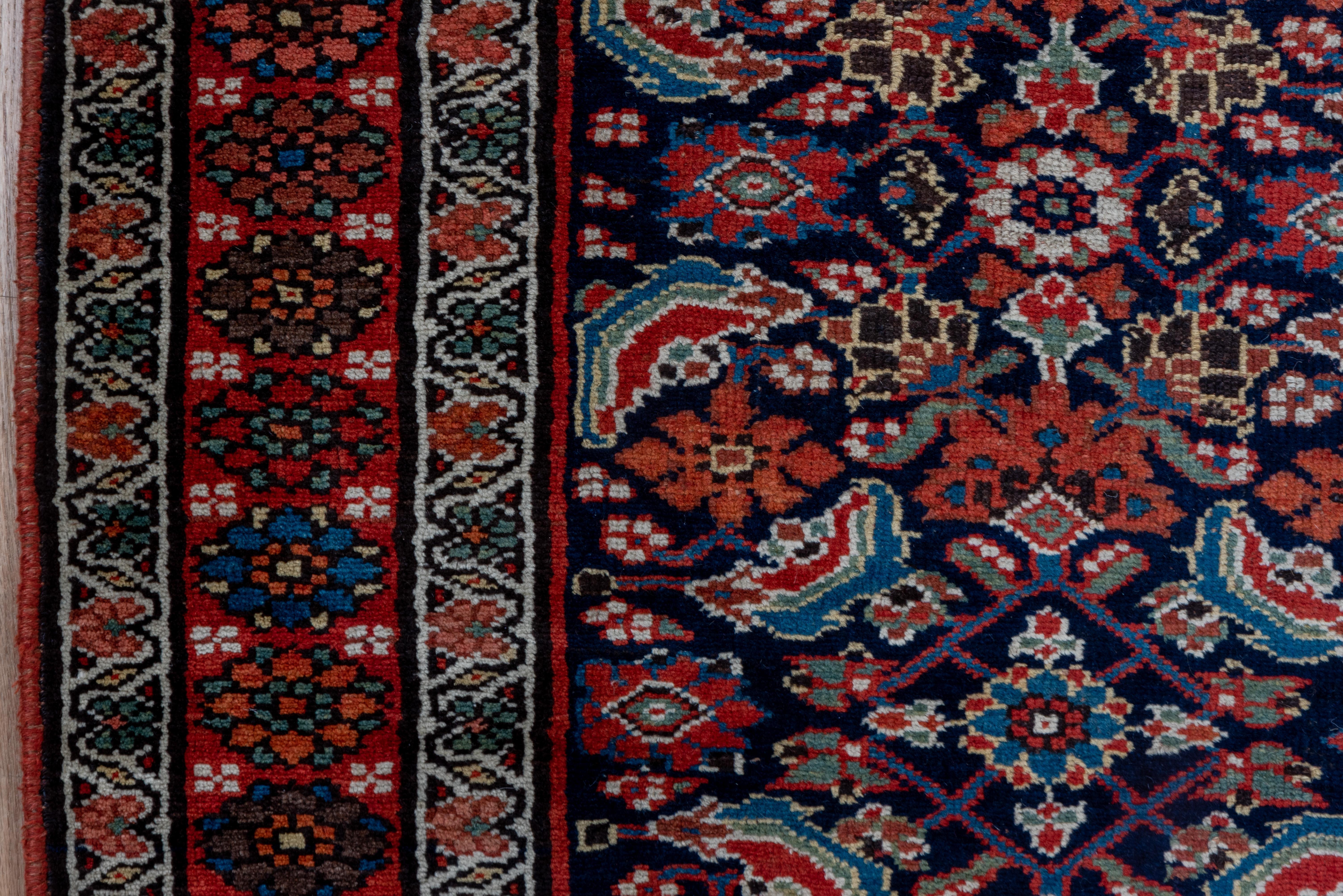 1910 Antique Persian Malayer Runner, Dark Navy Field & Red Borders, Herati Field For Sale 1